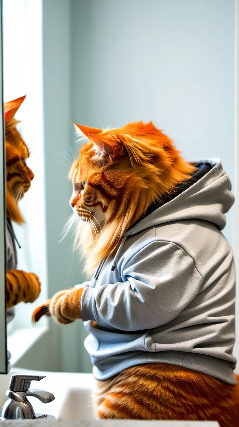 Chubby Orange Cat in Stylish Hoodie Combing Hair and Admiring Reflection