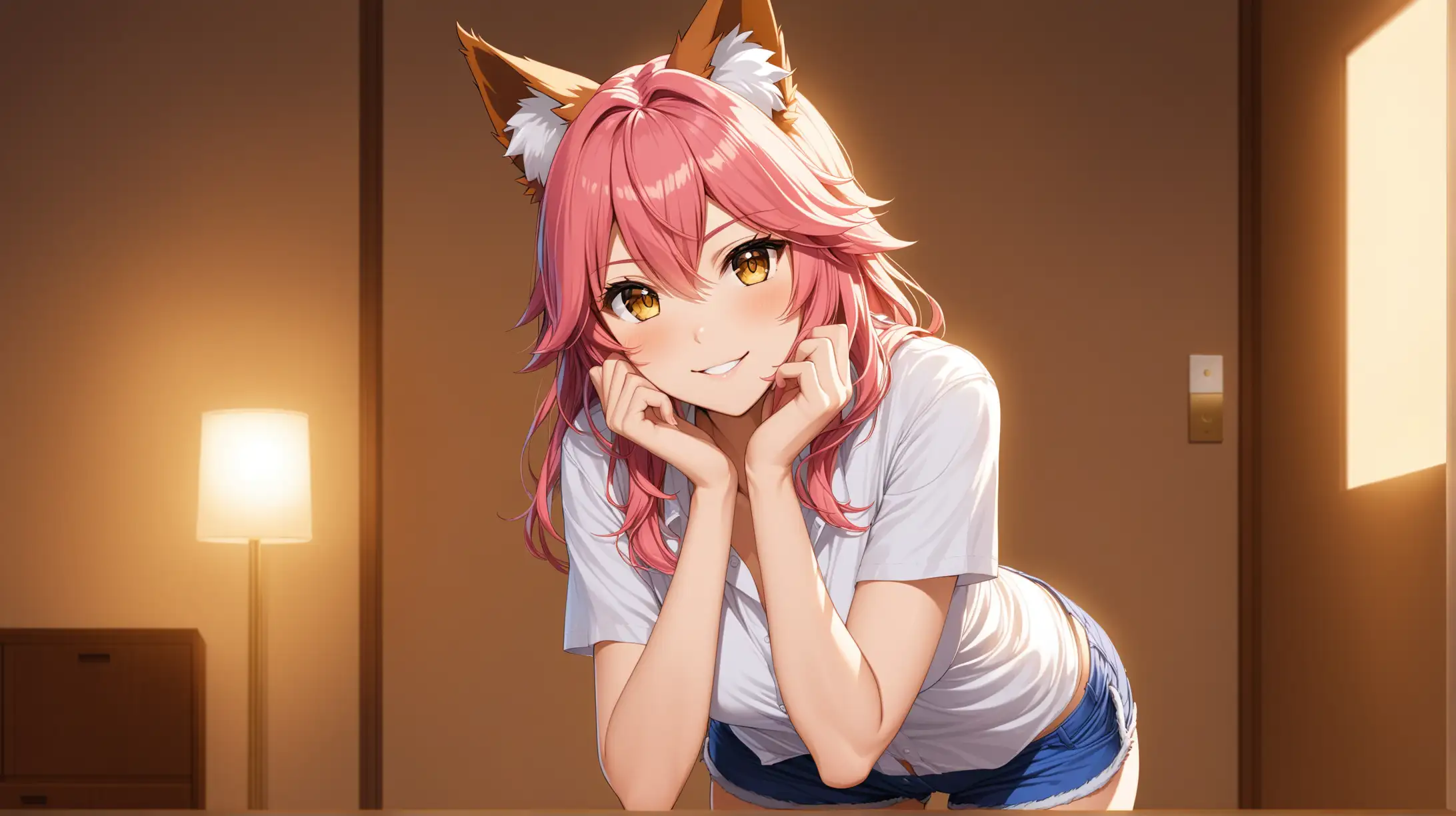 Seductive Tamamo no Mae with Pink Hair in Ambient Lighting