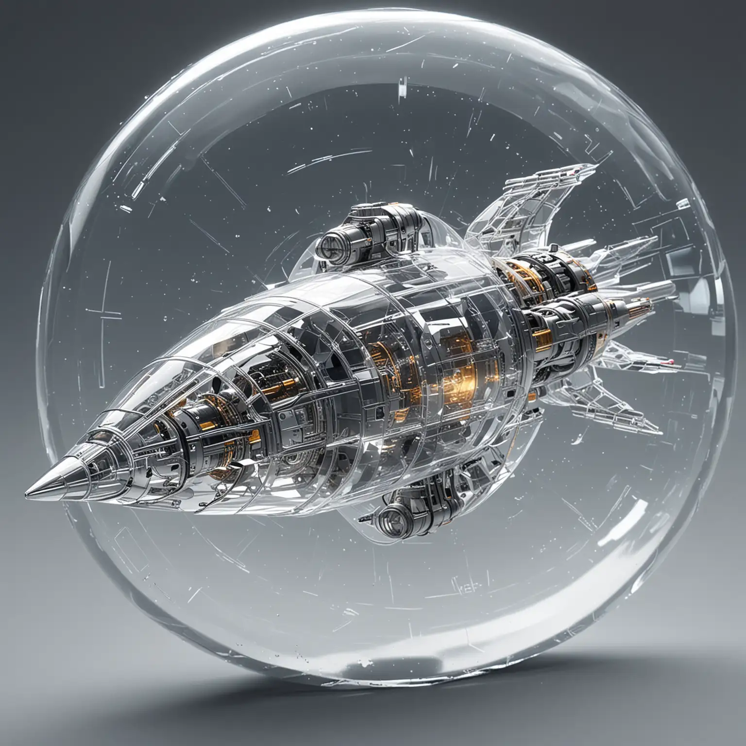 thin rounded crystal seethrough spaceship with seethrough areas showing mechanical inside. 