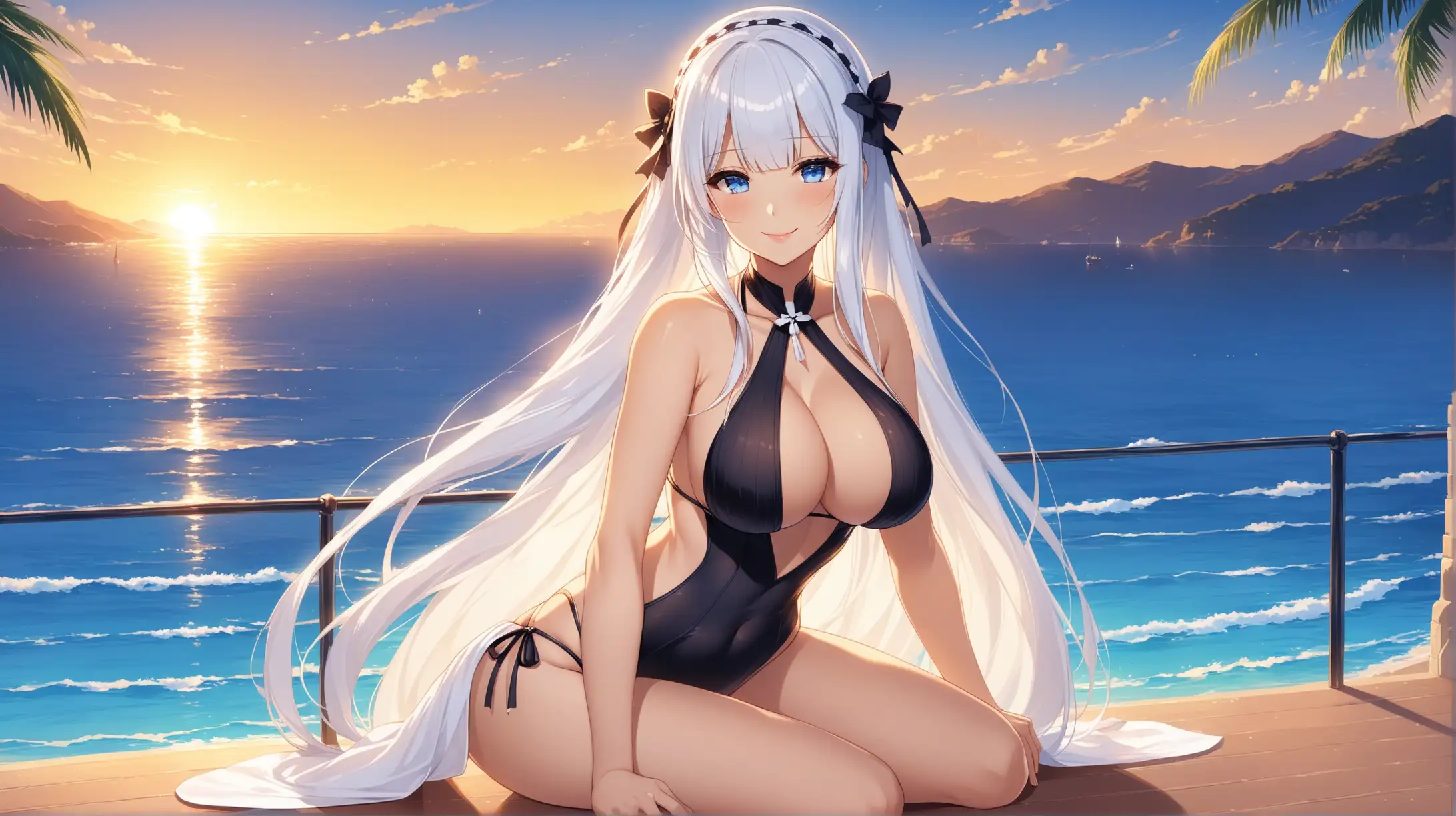 Draw the character Illustrious from Azur Lane, blue eyes, high quality, ambient lighting, long shot, outdoors, seductive pose, swimsuit, smiling at the viewer