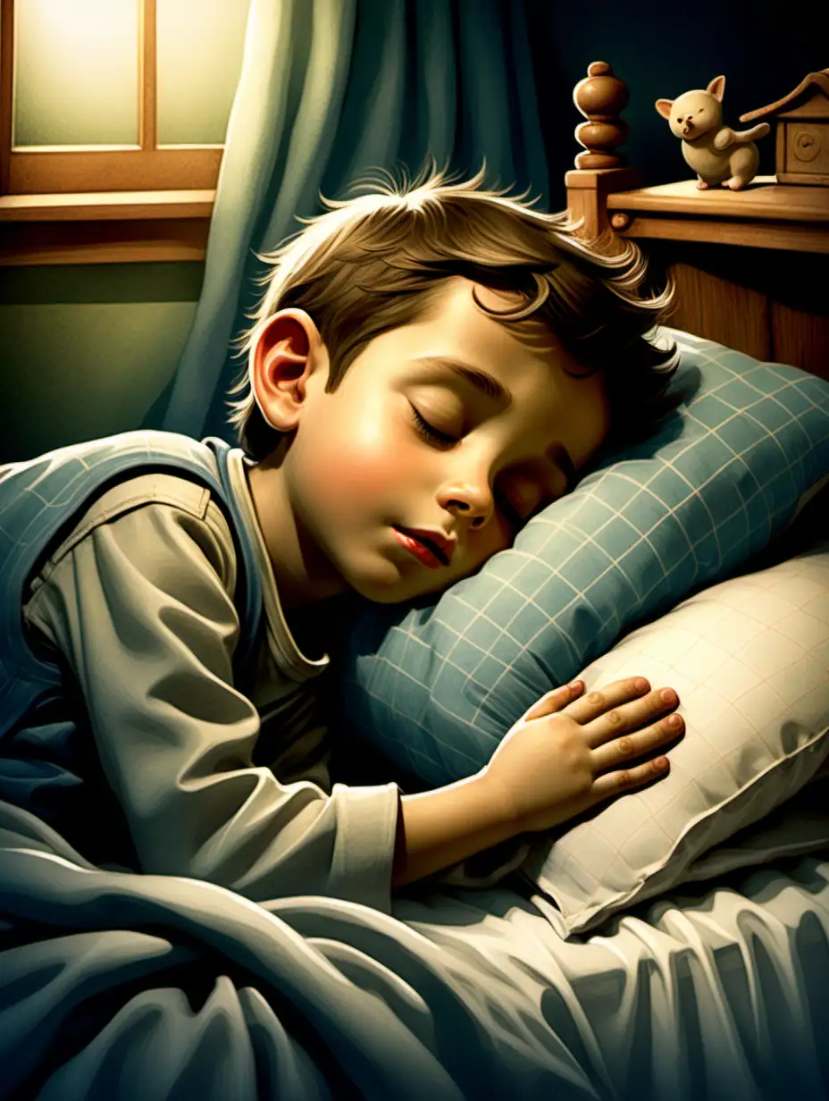 the boy is sleeping sweetly. storybook illustration,
 color