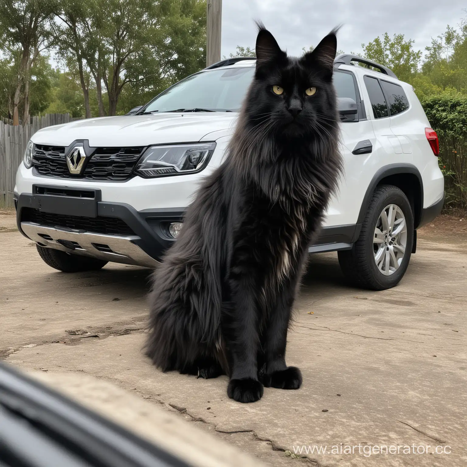 Огромный черный кот породы мэйн-кун сидит рядом с белым Renault Duster. Кот настолько огромный, что машина рядом с ним кажется игрушечной. У кота очень глупая, но гордая морда.