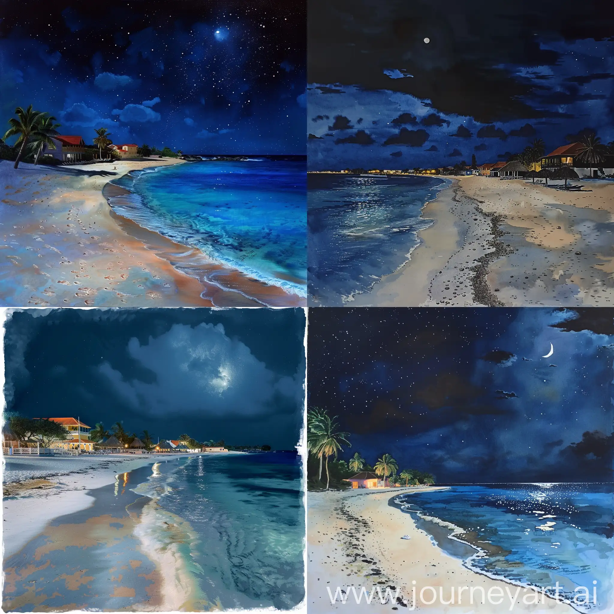 The beach at night, Bonaire, water colour style, hyper realistic