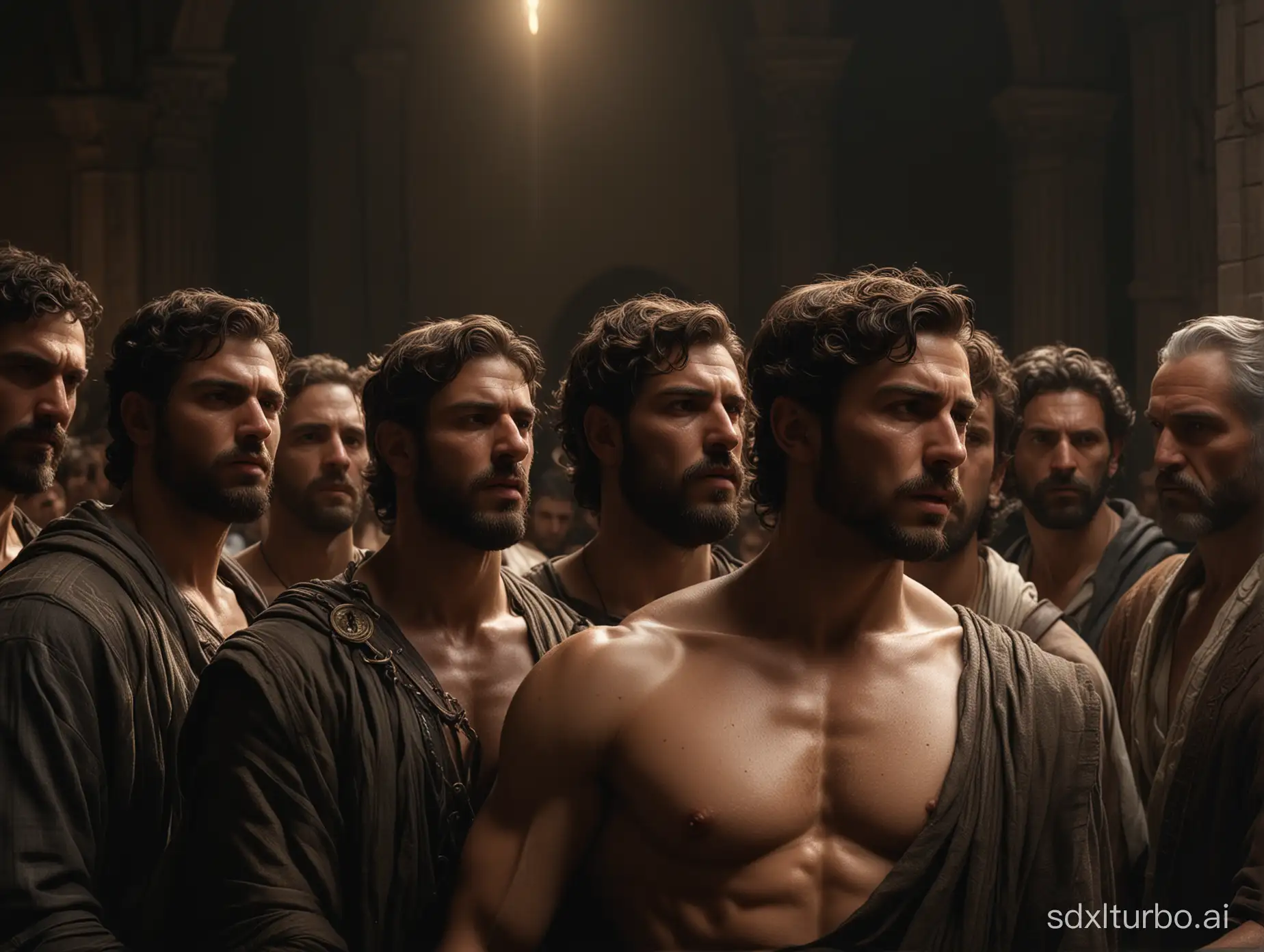An angry mob of ancient Hebrew men threaten several handsome male angels, perfect composition, beautiful detailed intricate insanely detailed octane render trending on artstation, 8 k, photorealistic concept art, soft natural volumetric cinematic perfect light, chiaroscuro,  masterpiece, caravaggio, greg rutkowski perfect composition, beautiful detailed intricate insanely detailed octane render trending on artstation, 8 k, photorealistic concept art,  soft natural volumetric cinematic perfect light, chiaroscuro,  masterpiece, caravaggio, greg rutkowski