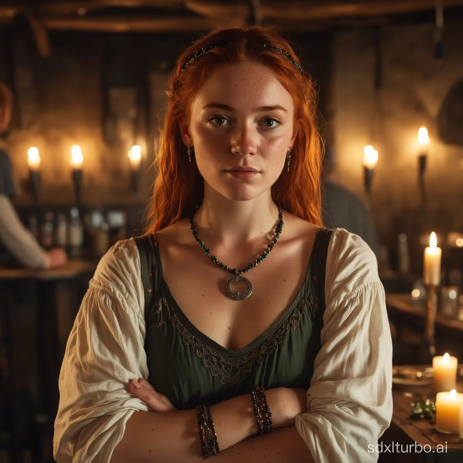 Portrait of teen redhead freckles Irish girl in crowded messy medieval pub. dressed in extremely low cut revealing small sagging breasts. Shaman like bracelets, necklaces, earrings. Revealed belly. Candle lights. thoughtful face.