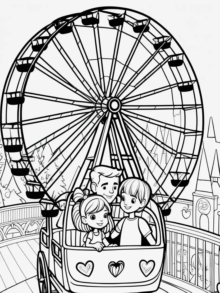 Cute, fairytale, whimsical, cartoon, younger Daddy and daughter Valentine's Day riding a ferris wheel, extremely simple, black and white, coloring pages for kids cartoon style, thick lines, low detail--no shading --ar 9:11--v5
