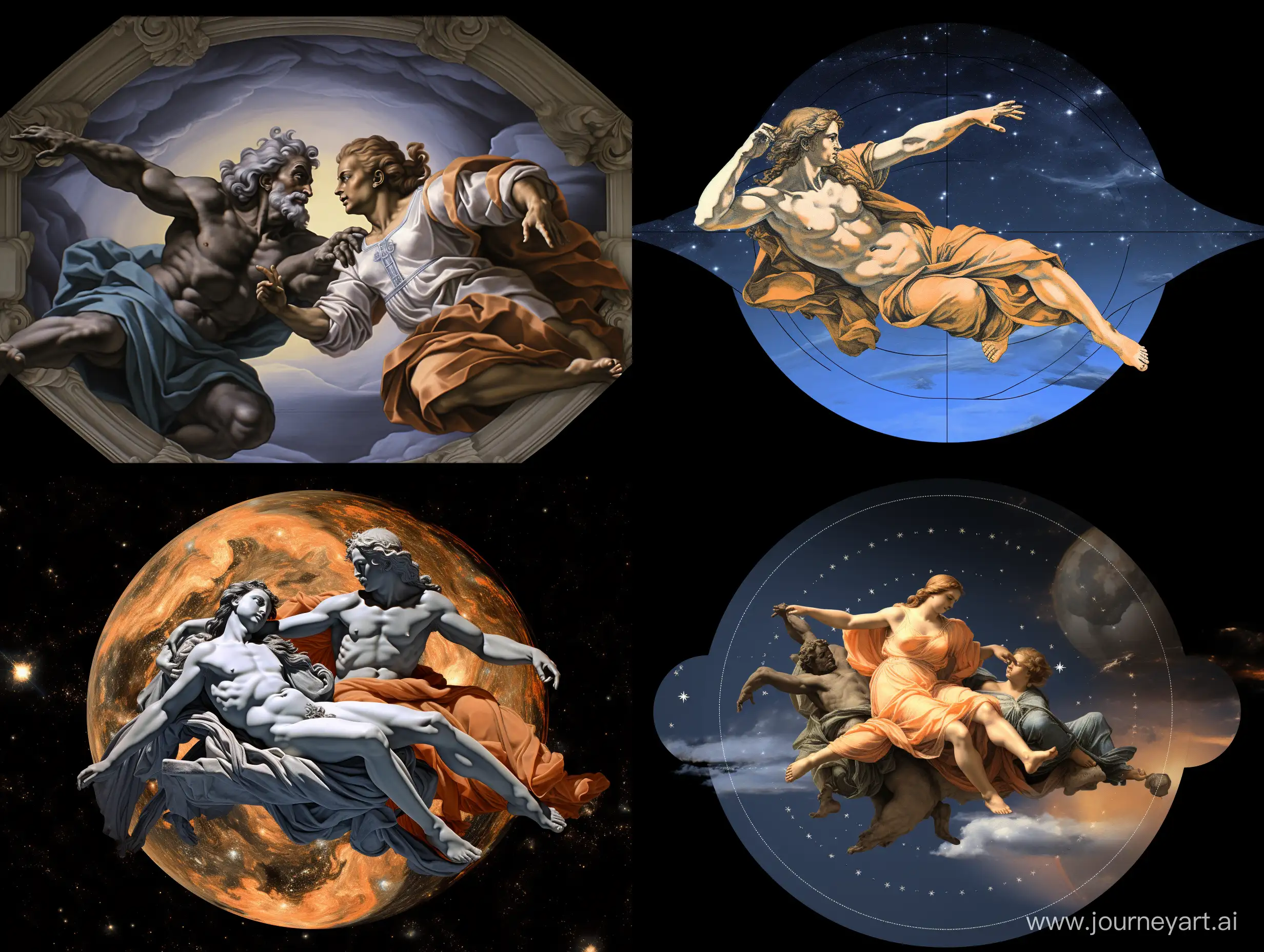 base on an image "The Creation of Adam" by Michelangelo. I'd like to create a new sketch picture that the left side to feature Sir Isaac Newton on the earth globe and the right side to feature an astronaut in-space, in a style similar to the original artwork.
The image ratio is 16:9 as i will use as a desktop background.