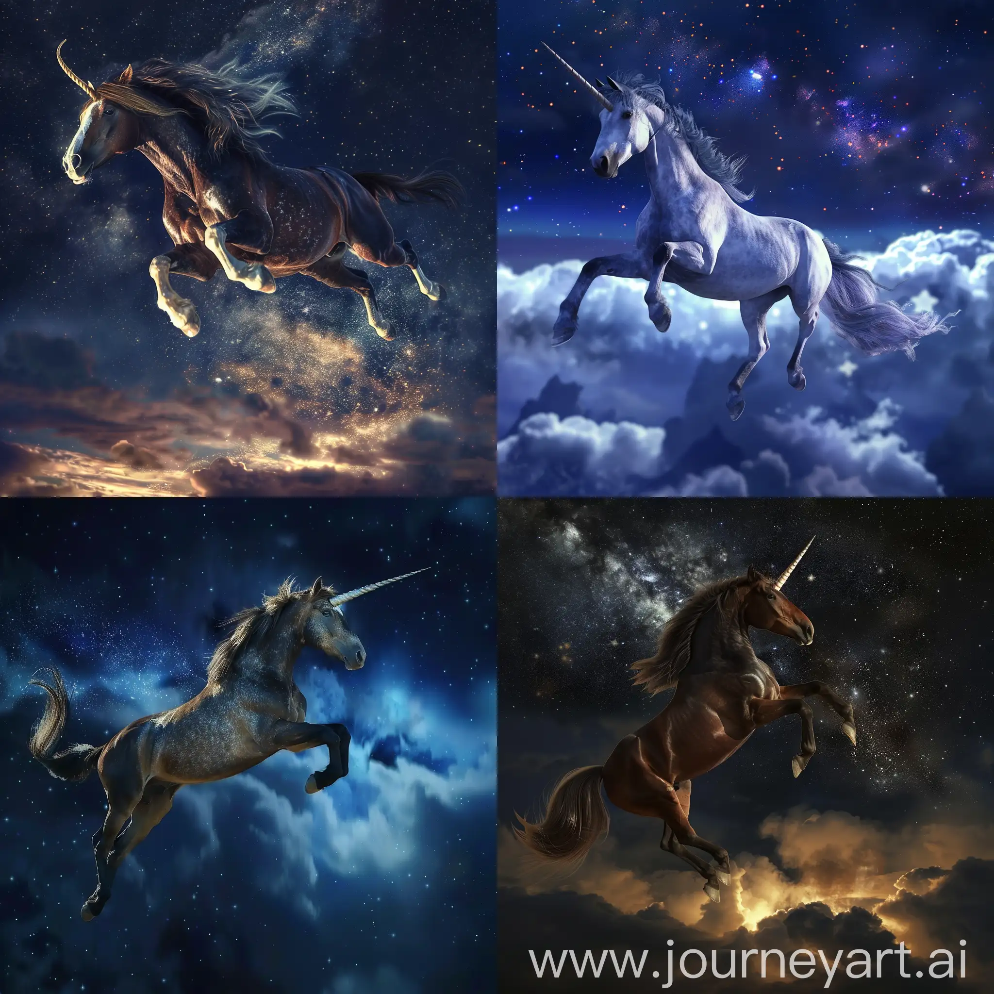 beautiful horse with horn diving in night sky