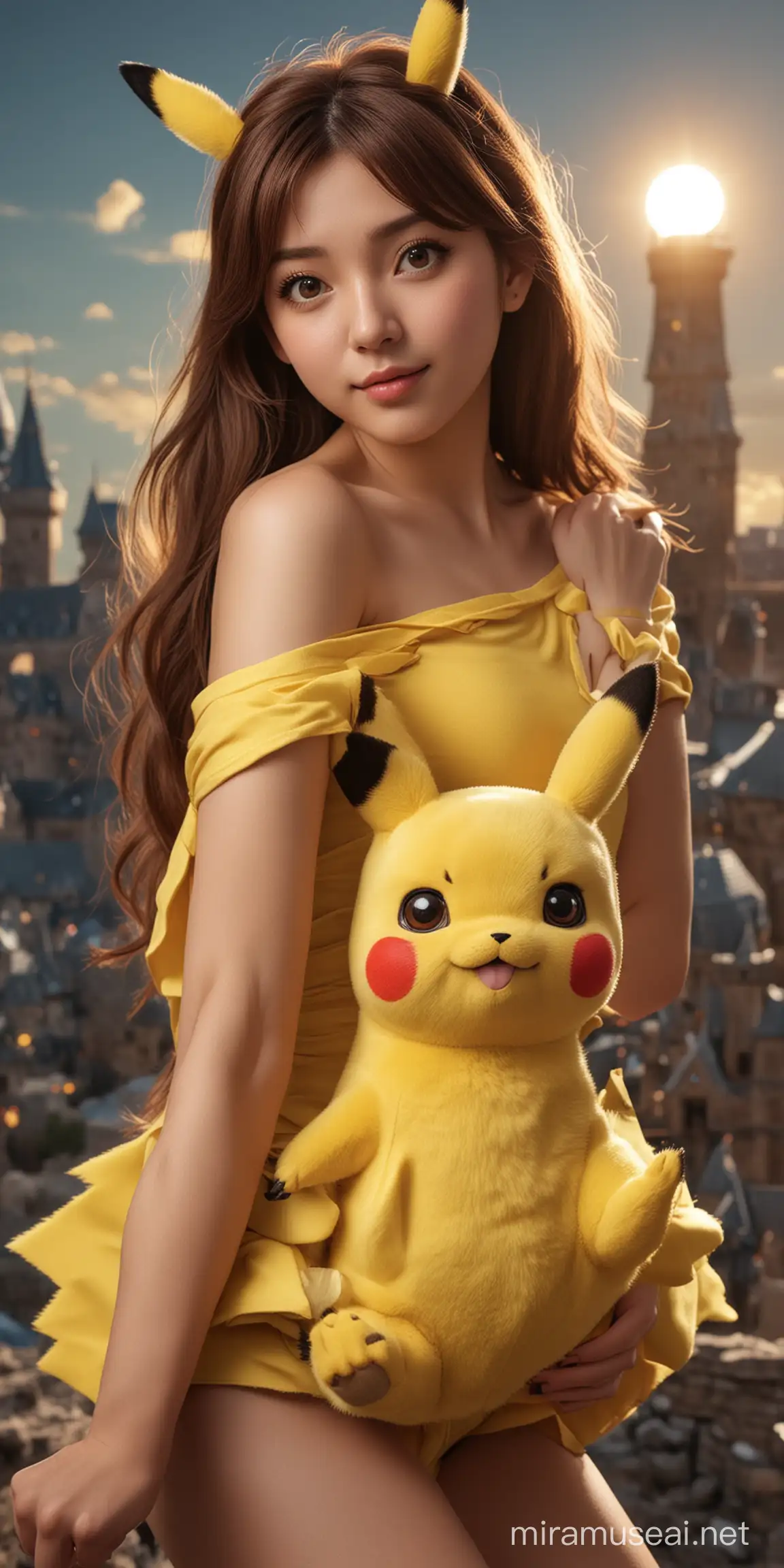 Gadis idol realistis yang sangat cantik, pikachu element superhero, background castle, pencahayaan lampu studio, foto studio yang sangat realistik, focused medium shot