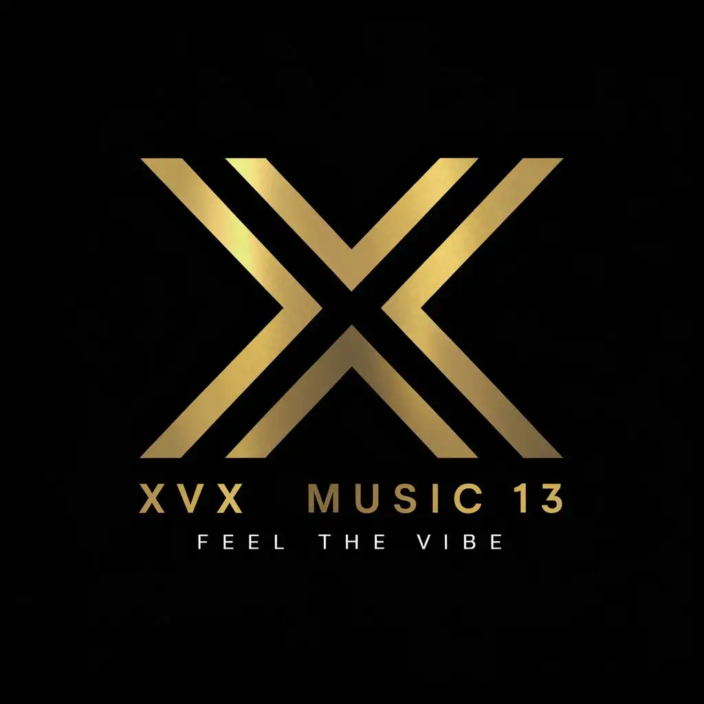 logo, double x symbol with gold color on black background, with the text "XVX MUSIC 13 FEEL THE VIBE", typography, be used in Events industry