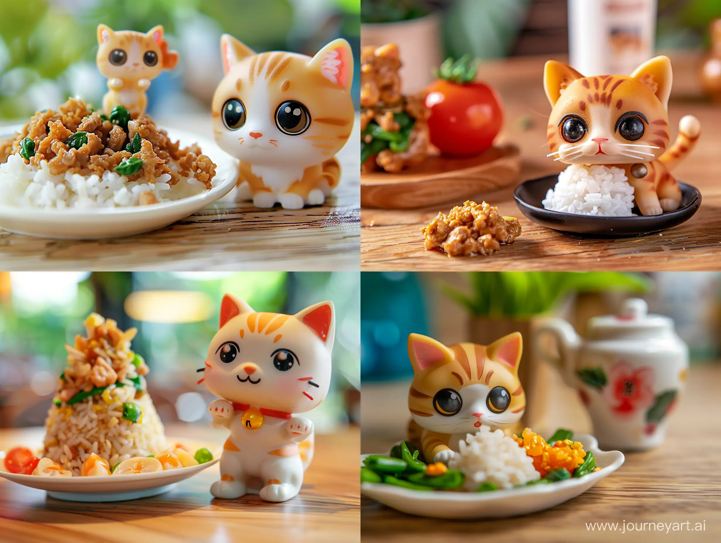 Thai holy basil fried mince pork with rice dish for delivery appmenu with zoom in a small cute cat action figure.