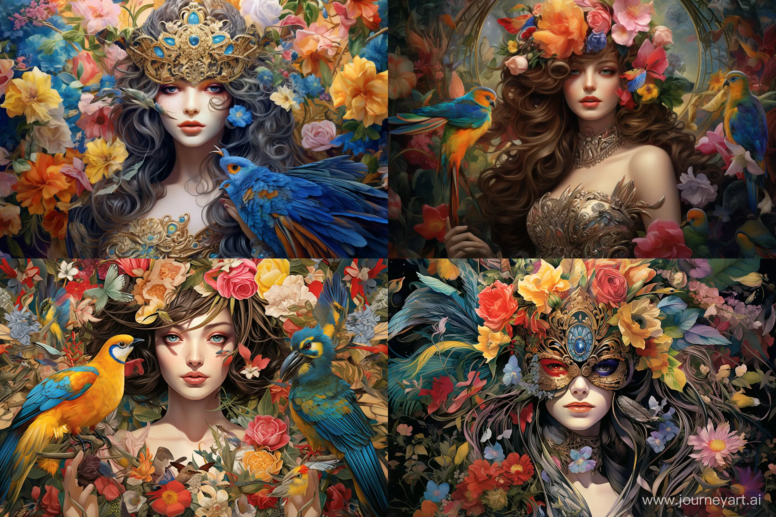 Create a mesmerizing Art Nouveau portrait of a mysterious female in ornate, bird-themed attire, with an elaborate mask, standing amidst a garden filled with exotic birds and flowers. --ar 3:2