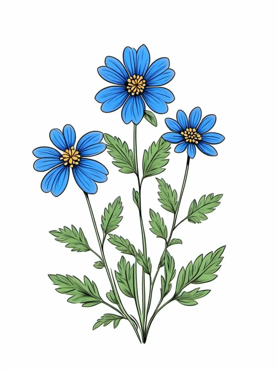 Blue Big wildflower 3 plants lines art, simple, herb, Unique floral, botanical ,grow in cluster, 4K, high quality, white background,