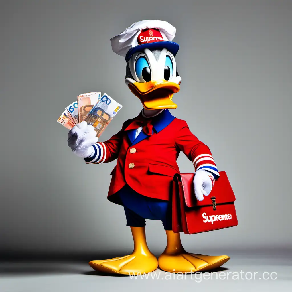 Дональд Дак с евро в руках в брендовом костюме supreme