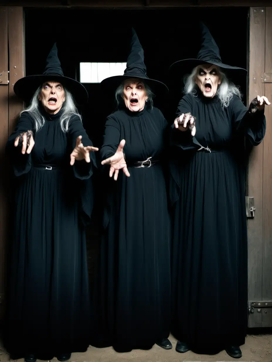 three threatening old witches dressed in black in a horse stable 