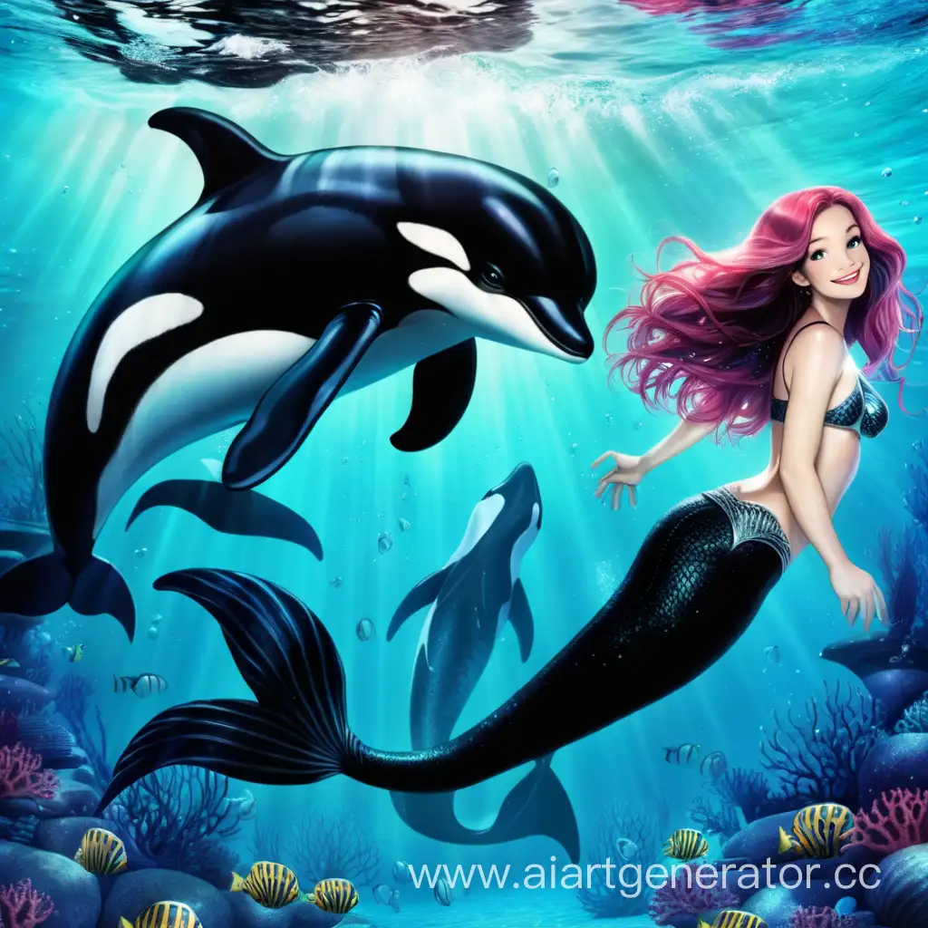 one mermaid and killer whale swimming