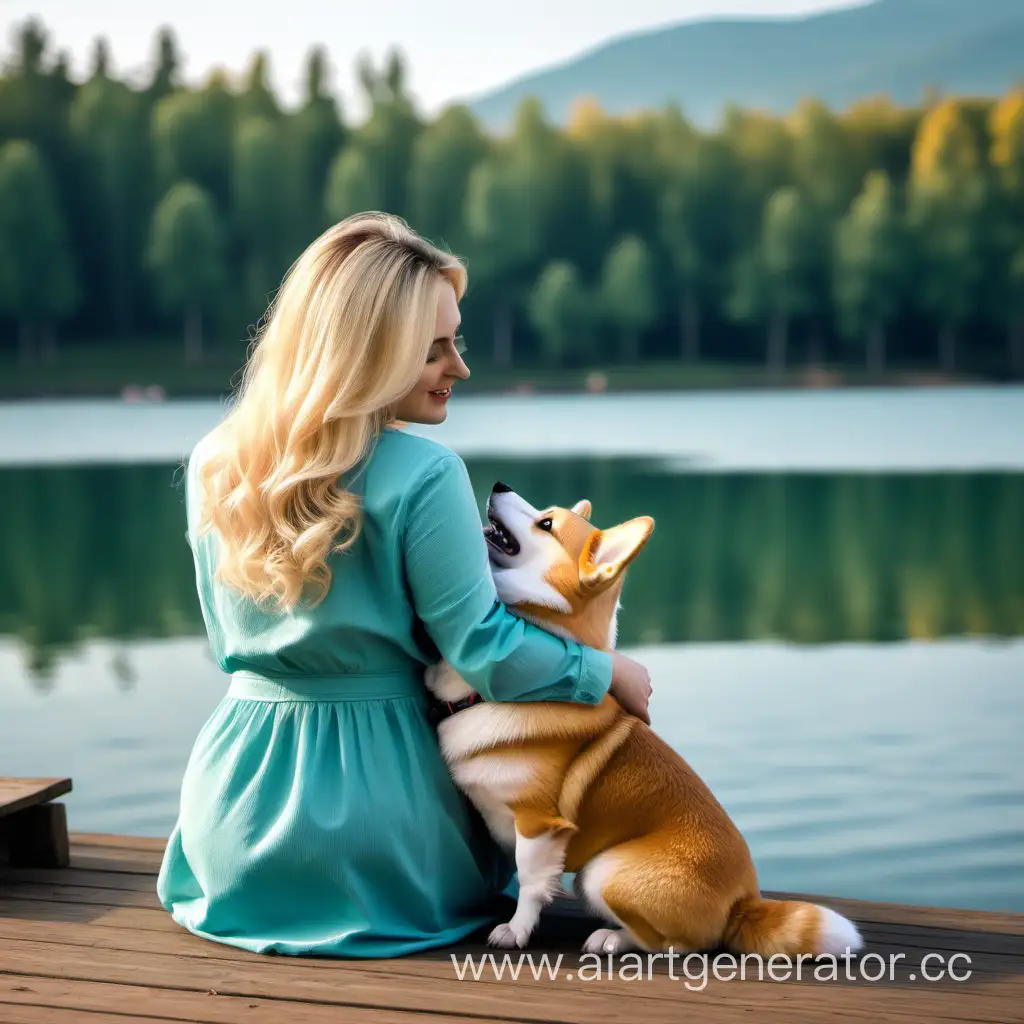 Blonde-Woman-Embracing-a-Corgi-by-the-Tranquil-Lake