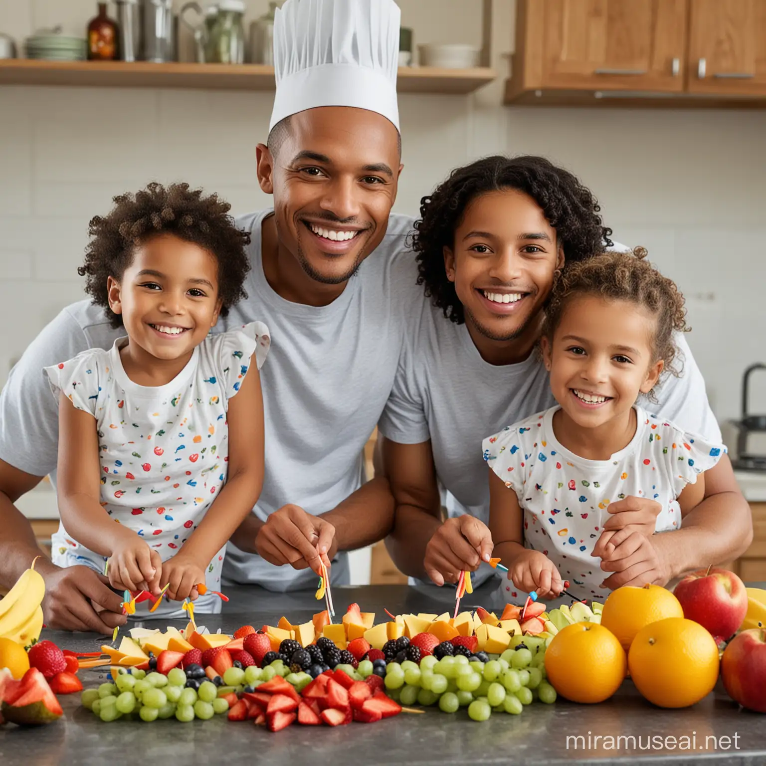 "A father and his children smile as they prepare colorful fruit skewers together in the kitchen. The vibrant array of fresh fruits on the counter reflects their commitment to healthy eating and making nutritious choices as a family."