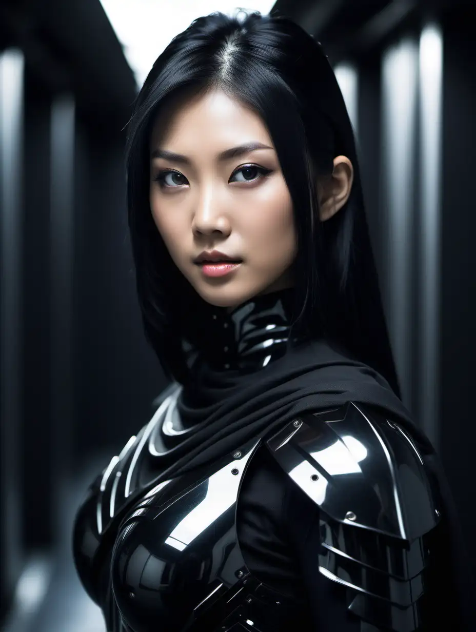 Portrait of the upper body and face of a beautiful asian woman with black straight hair. 
Wearing black futuristic armor, with a black cape.
Black corridor in background of image.