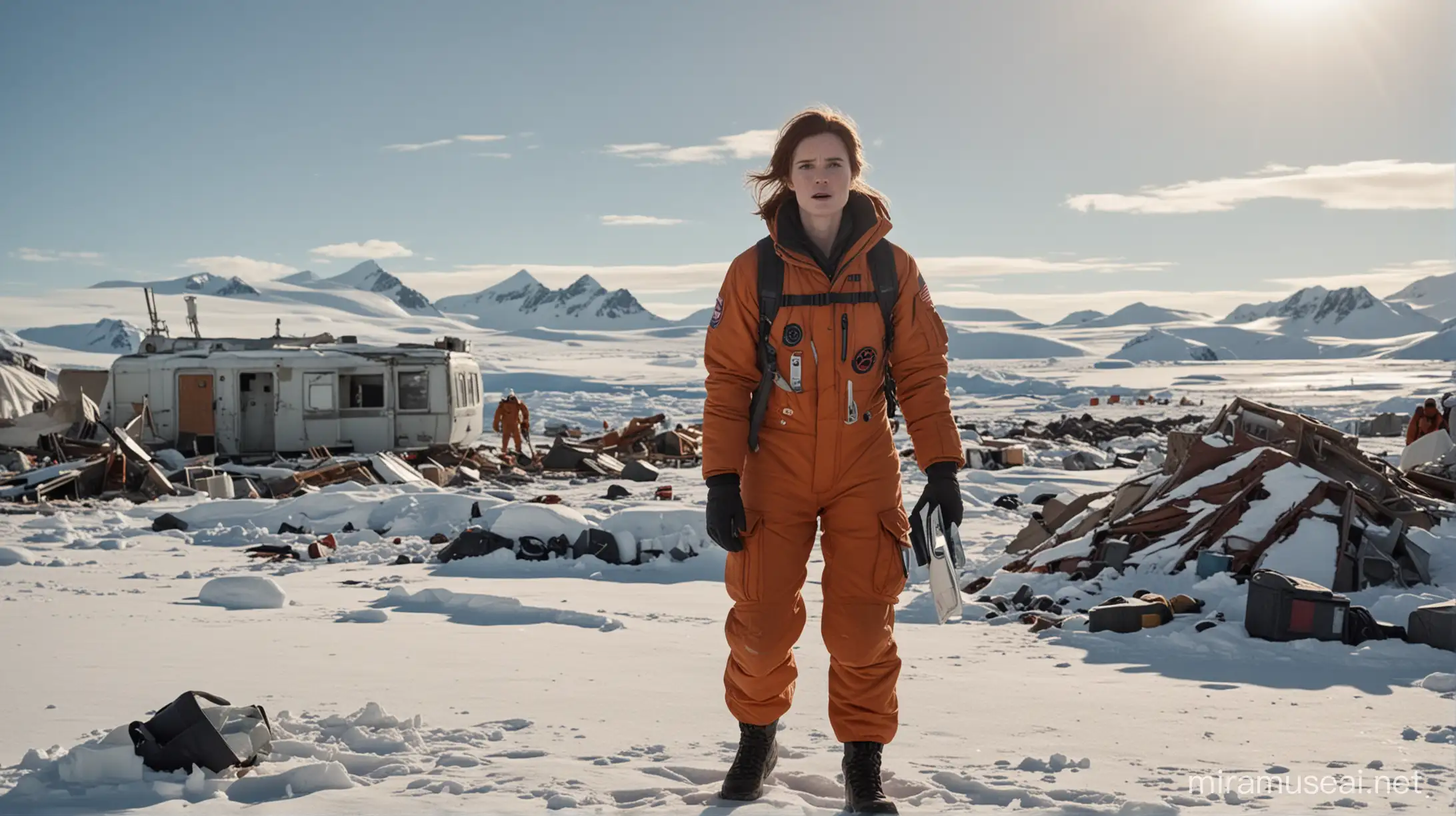 cinematic still, film by john carpenter, the thing, antarctica, low winter sun, pedro pascal, snowsuit, helecopter, rose leslie holding medical kit, destroyed buildings in background