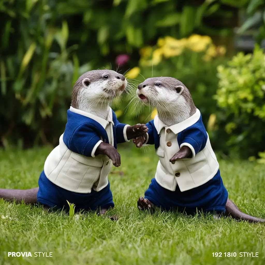 Cheerful Diverse Otters Playing in Garden Vibrant Smart Casual Stock Photo with Muted Color Palette