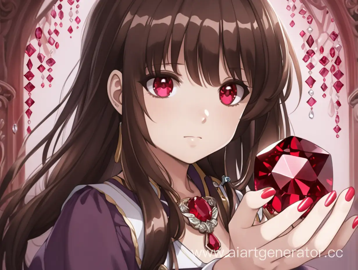 Anime brunette girl with rubies in her hand