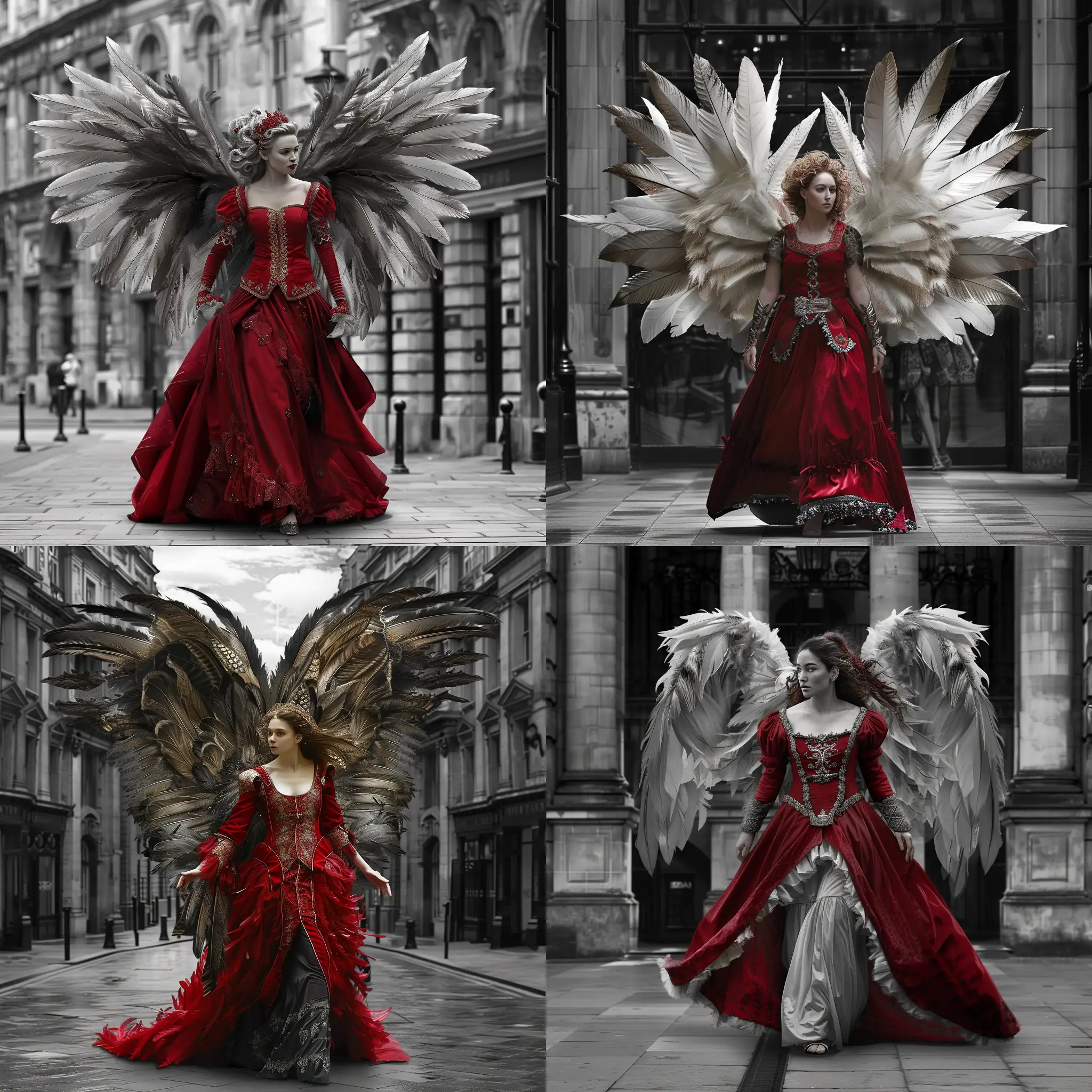 A photographic image of a beautiful woman with large feathered wings and a red medieval dress walking through black and white central London. Beautiful magical mysterious fantasy surreal highly detailed