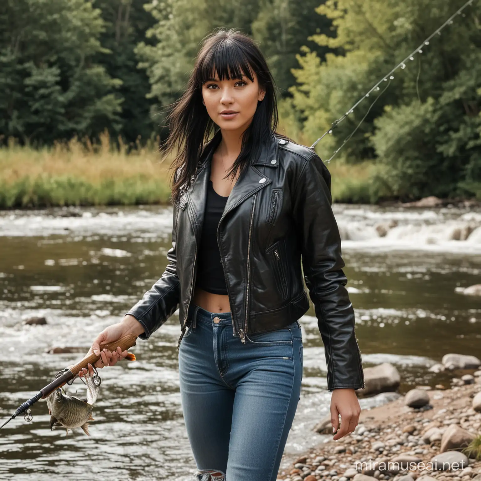 una joven mujer de 30 años de pelo negro y flequillo, lleva una campera de cuero negra y pantalones de jean mientras está pescando un gran pez de un río.