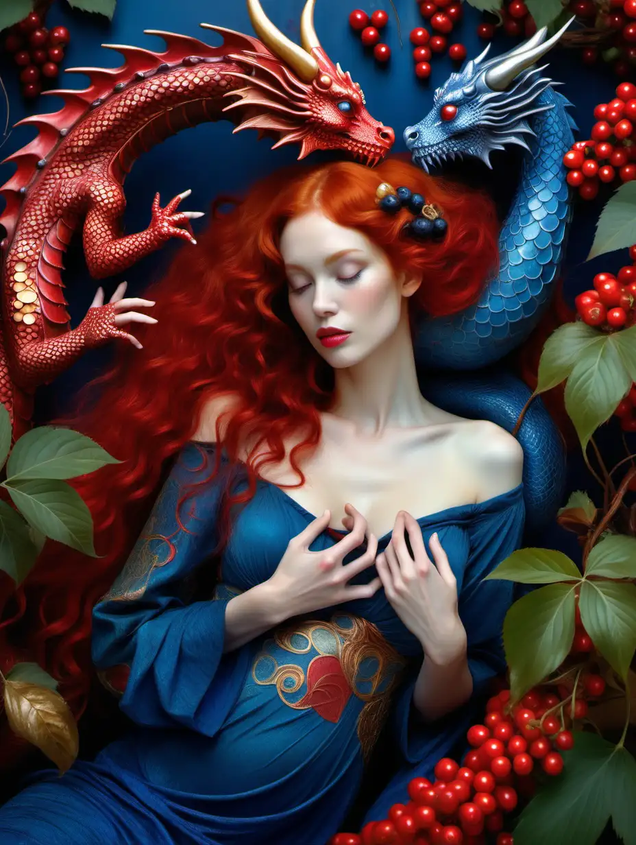 dragon and beautiful woman red hairs in love in a garden, berries blue and red, fruits, elegant, klimt style, high resolution    