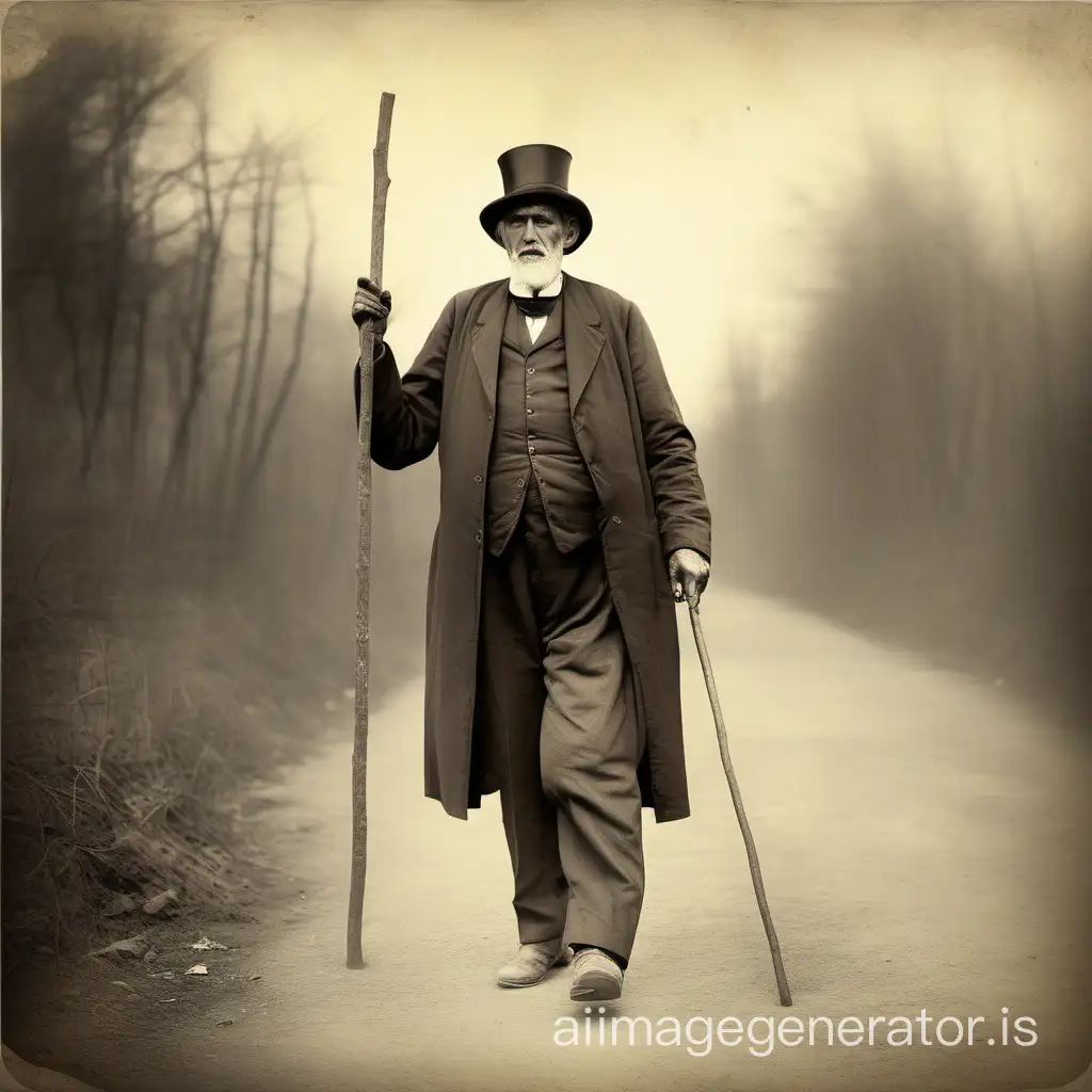 a poor very strong tall man 50 old years poorly dressed walking with a thick stick in his hand on the XIXe century