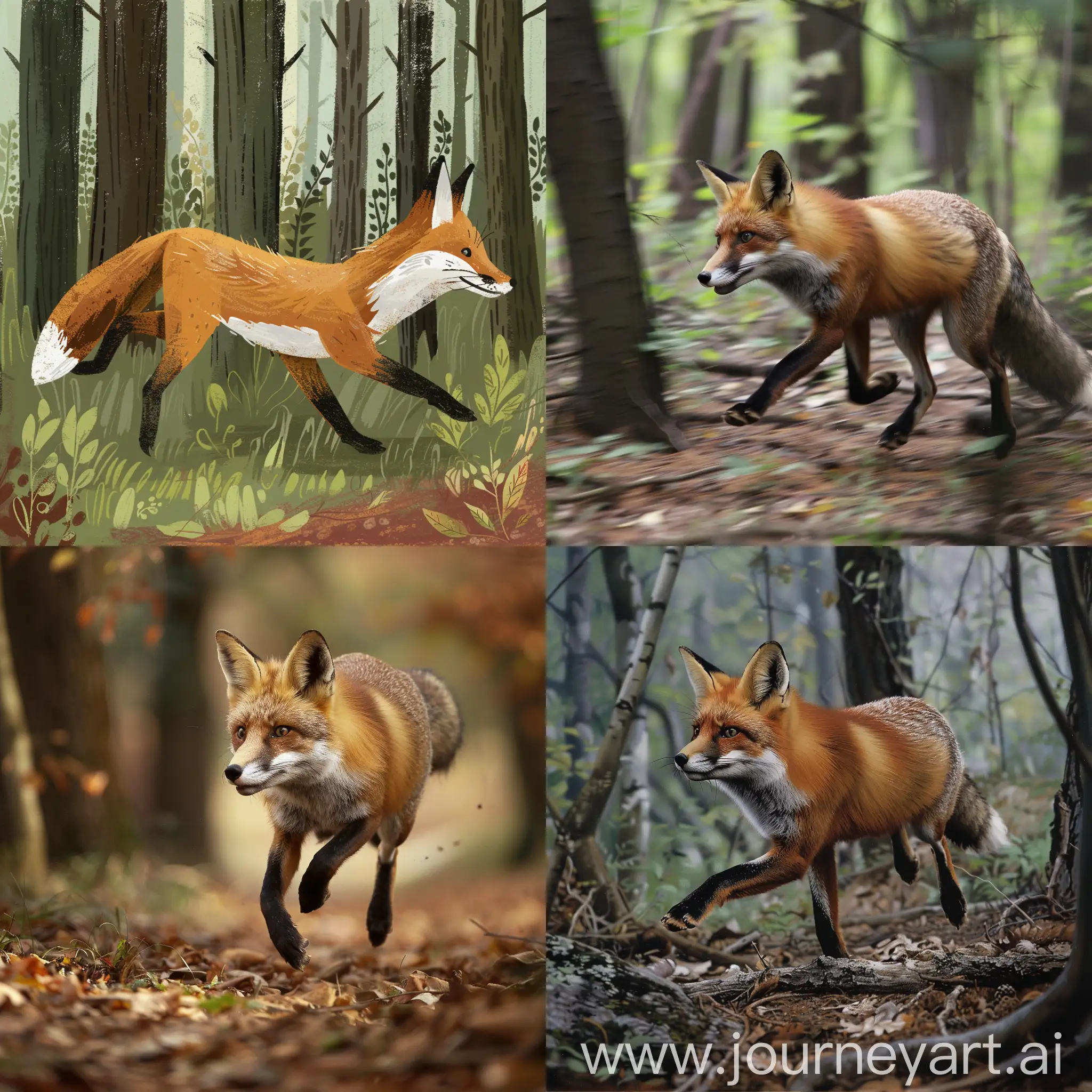 一只火狐狸在森林里奔跑
