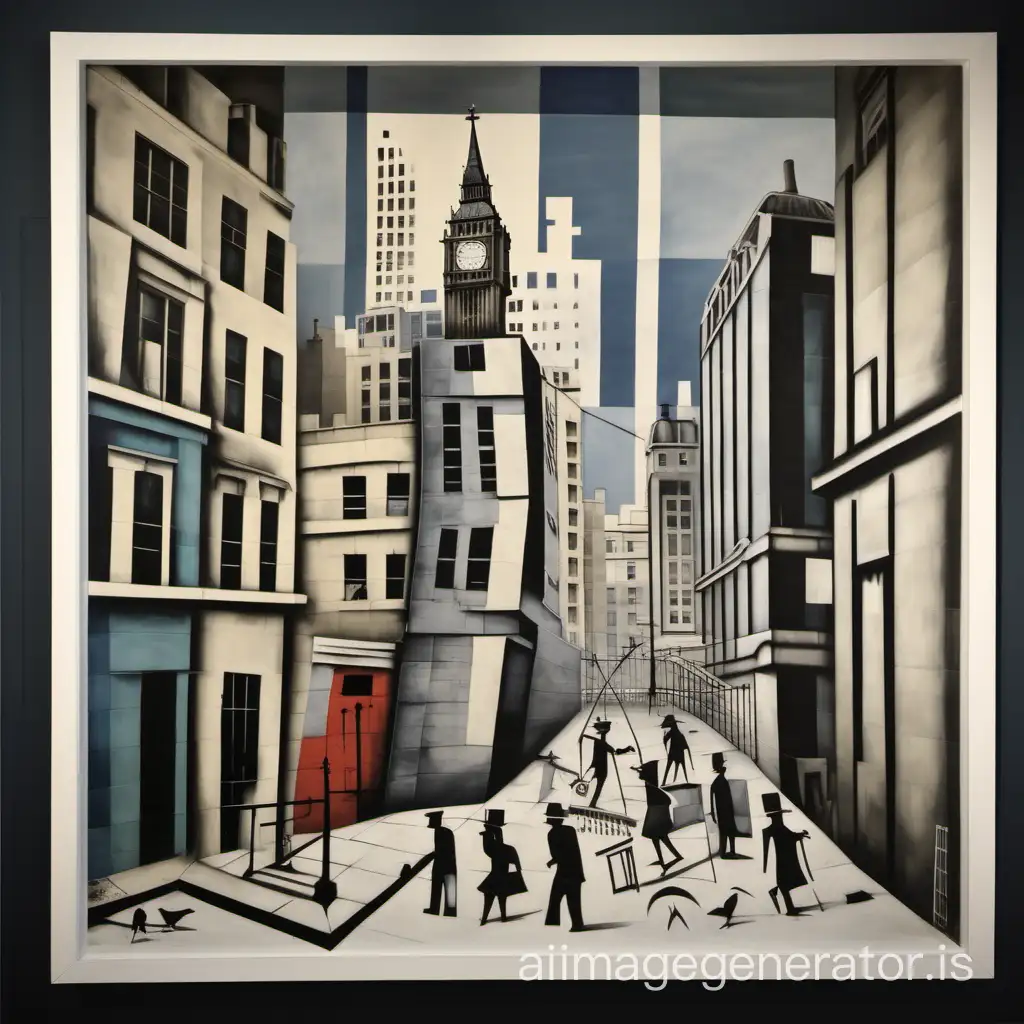 A cubist Picasso and Banksy hybrid painting of Modern London.