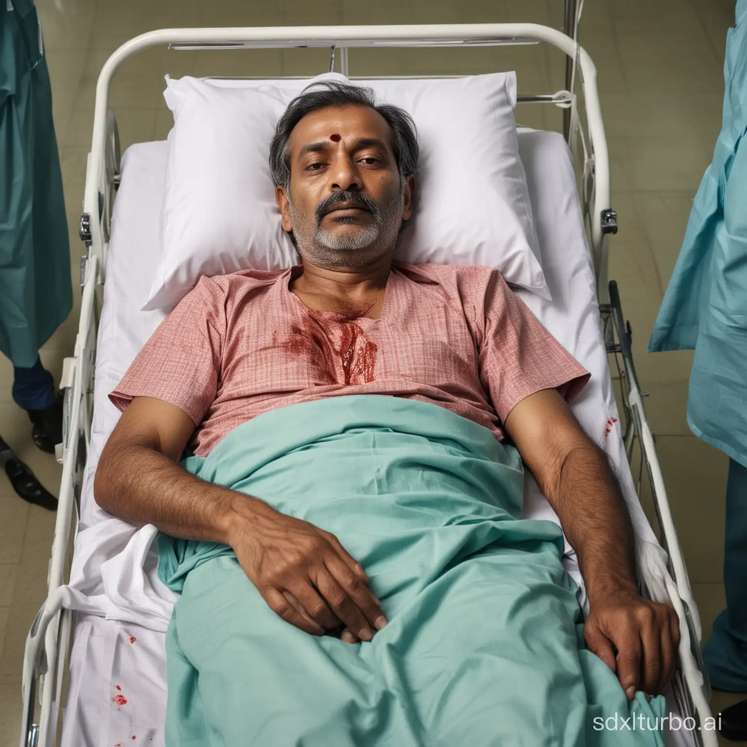 60 years old indian middle class man as patient, in hospital stretcher, with blood loss, unconsciously, in Hospital entrance