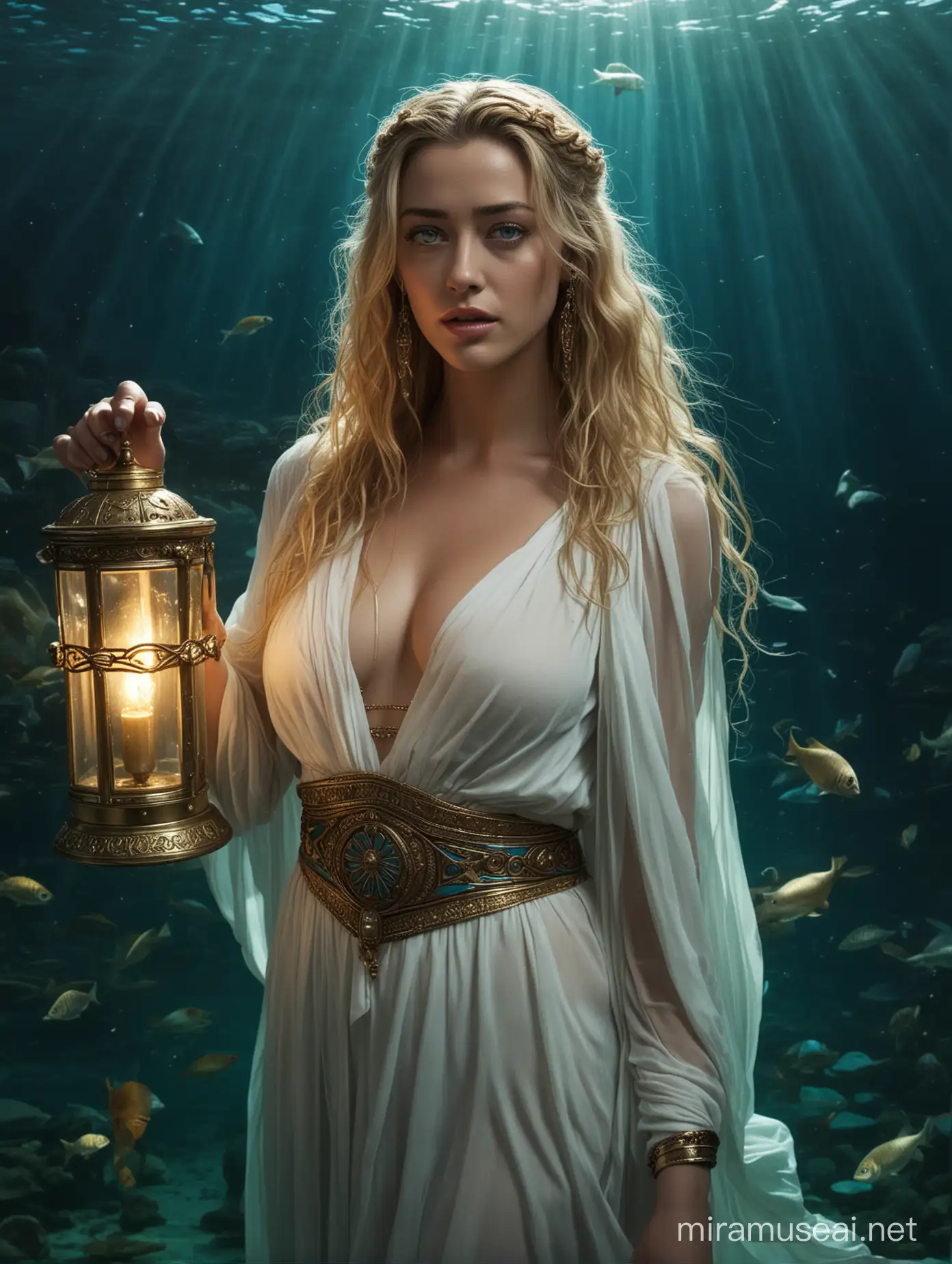 A masterpieced of Amber Heard as Isis, Egyptian goddess of the sea. She is under the sea, and her transluced Greek dress flows ethereally in the water until it mixes with the water until it disappears. She has has blue eyes and blonde hair. She is holding a lamp that contrasts with its brightness in the dark waters.