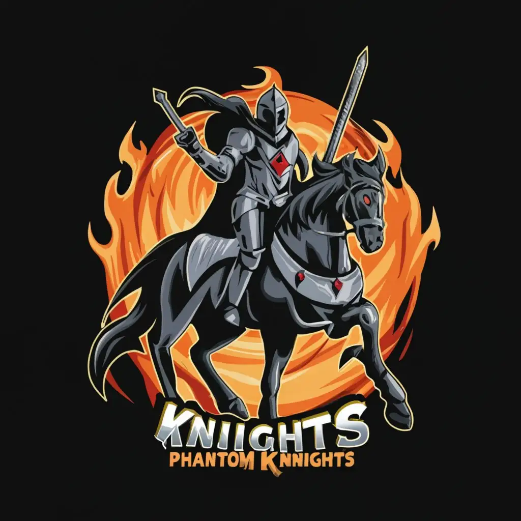 LOGO-Design-for-Phantom-Knights-Bold-Warrior-with-Cape-Knife-and-Black-Fire-on-Steed-Theme