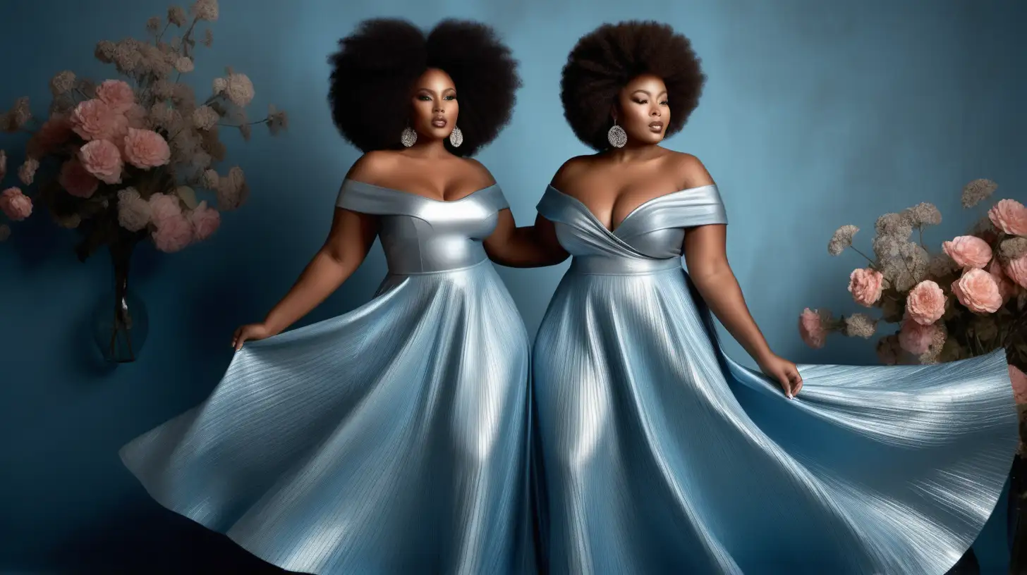 sexy, beautiful, romantic, stylish plus size model, black skin, big sensual afro,  shapely neck, wearing a light blue knit matte metallic long gown with a full flared skirt, deep round neck bodice, off the shoulders bodice, dancing, studio fashion photography, 3D floral background