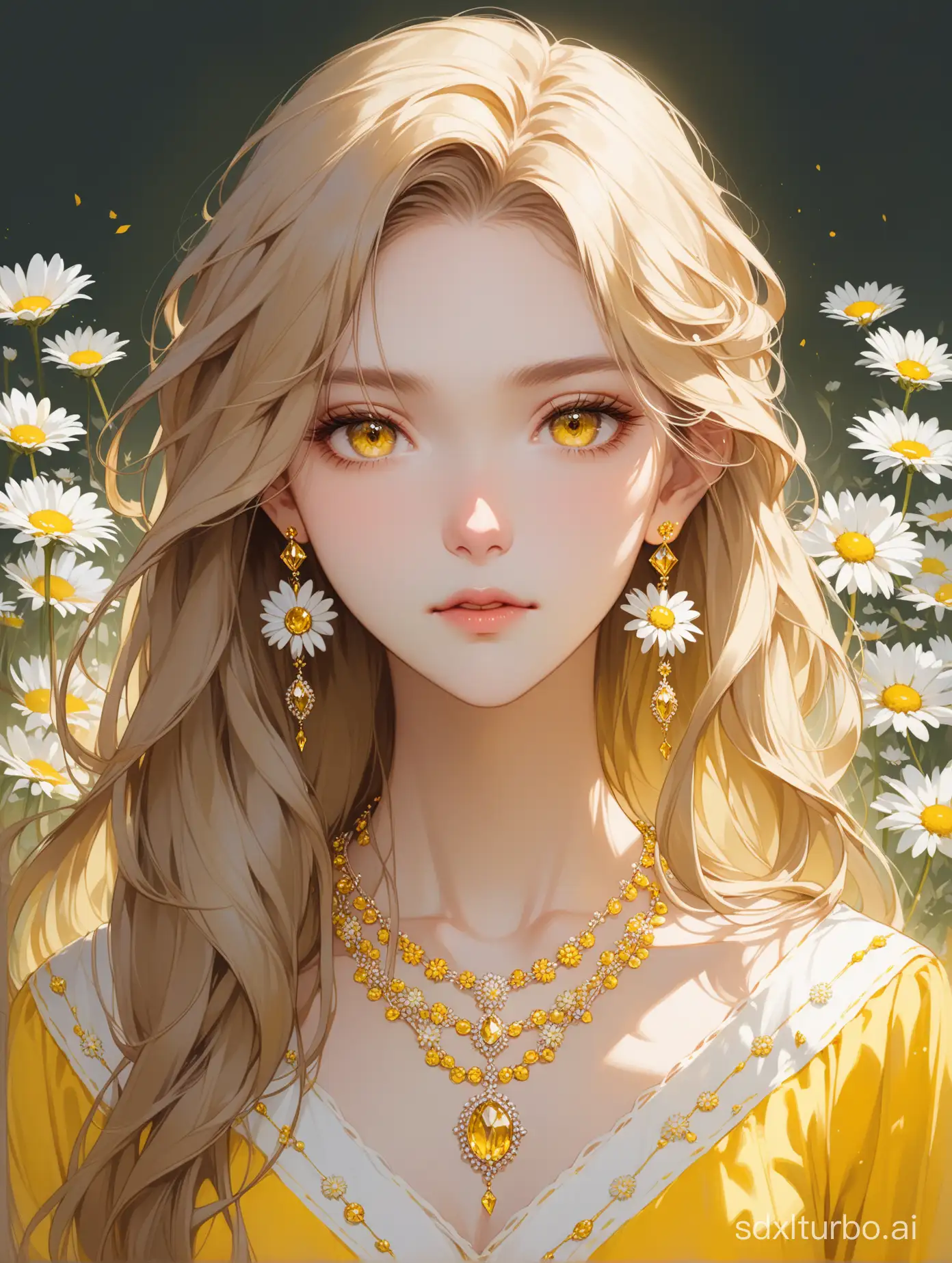 Highest quality, masterpiece, a girl, light brown long hair, slightly curled hair, yellow earrings, necklace, (yellow and white attire), (exquisite hair depiction), (exquisite yellow eyes depiction), (exquisite facial features depiction), solo, (daisies), portrait description, solid color background, sense of brokenness