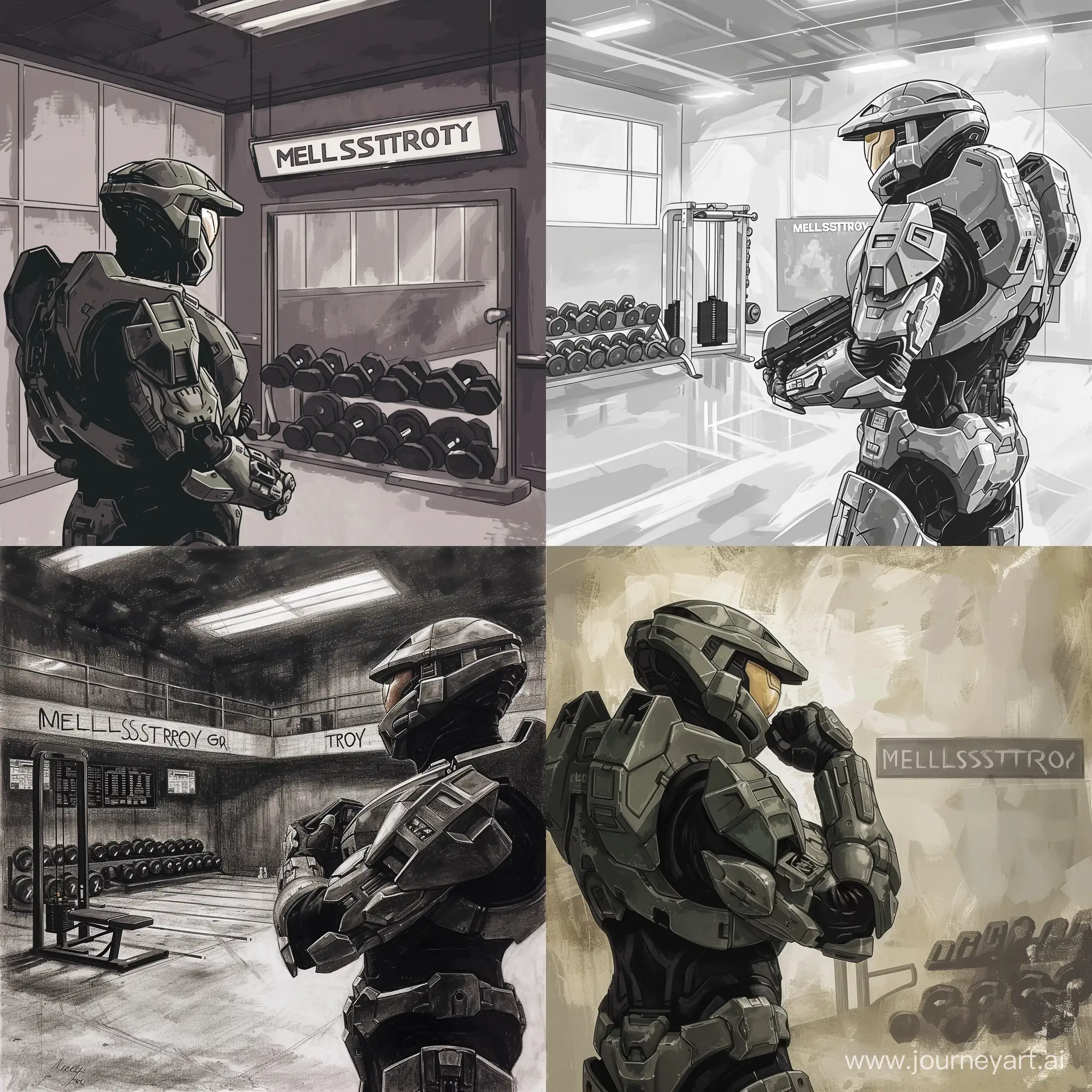 Draw a Master Chief looking at a gym with the name "MELLSTROY GYM"