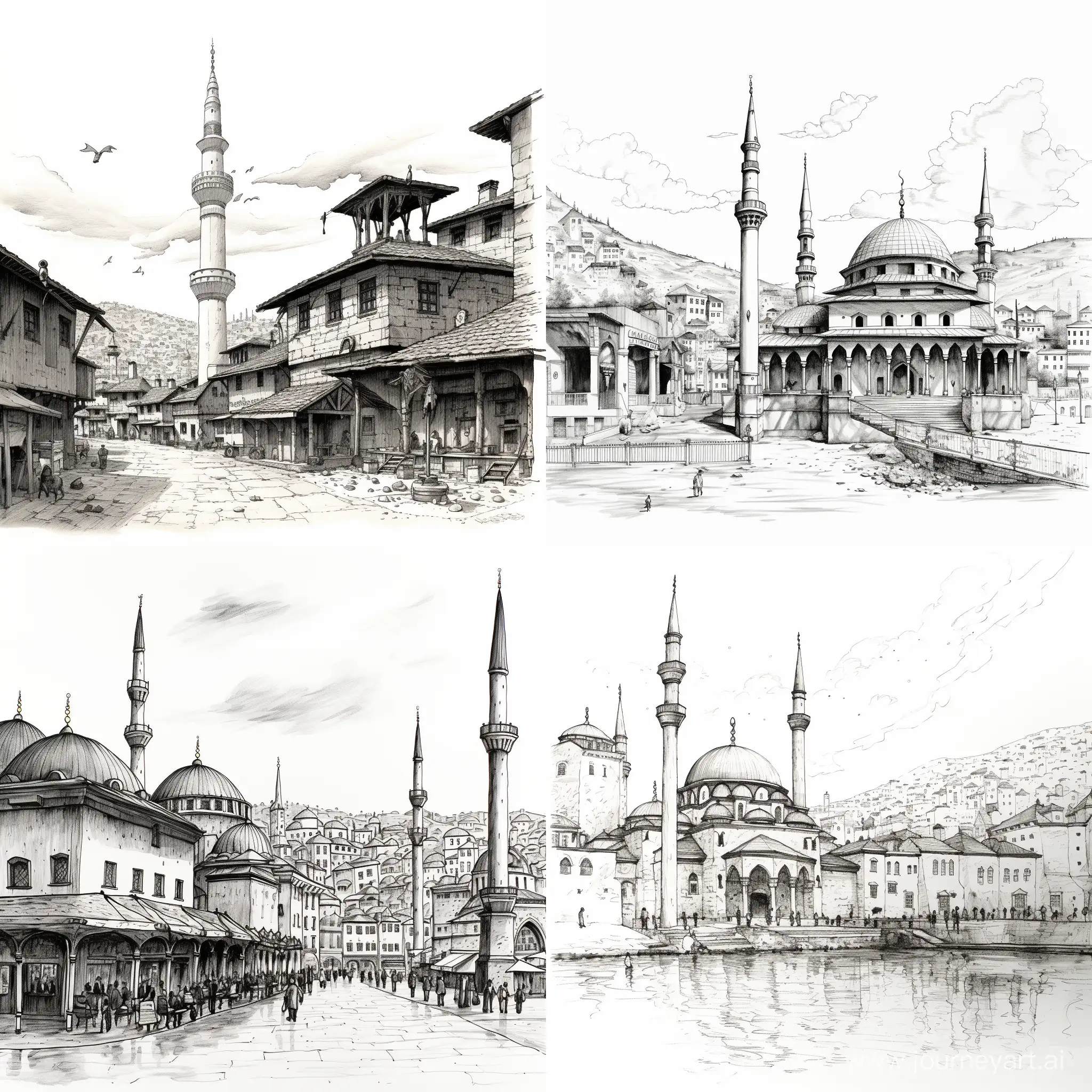 illustration in pen and ink of mosque in sarajevo bosnia