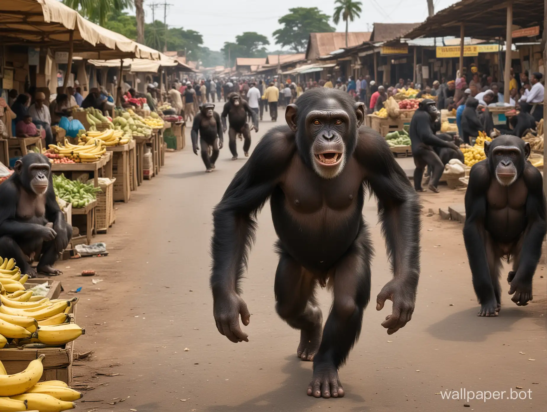 A chimpanzee has just stolen bananas at a market in Africa and runs away at full speed with them. He has a mischievous look on his face as he is being chased by the dealer. In the background, the angry dealer yells at the chimpanzee. The scene is the street of an open-air market, with stalls and more people strolling., photo, realistic