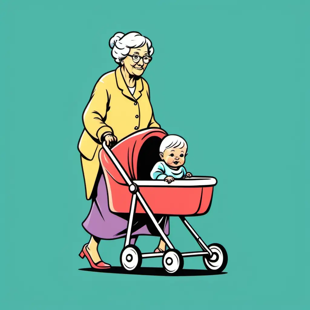 Charming Cartoon of Grandma Strolling with Baby in Pram on Vibrant Background