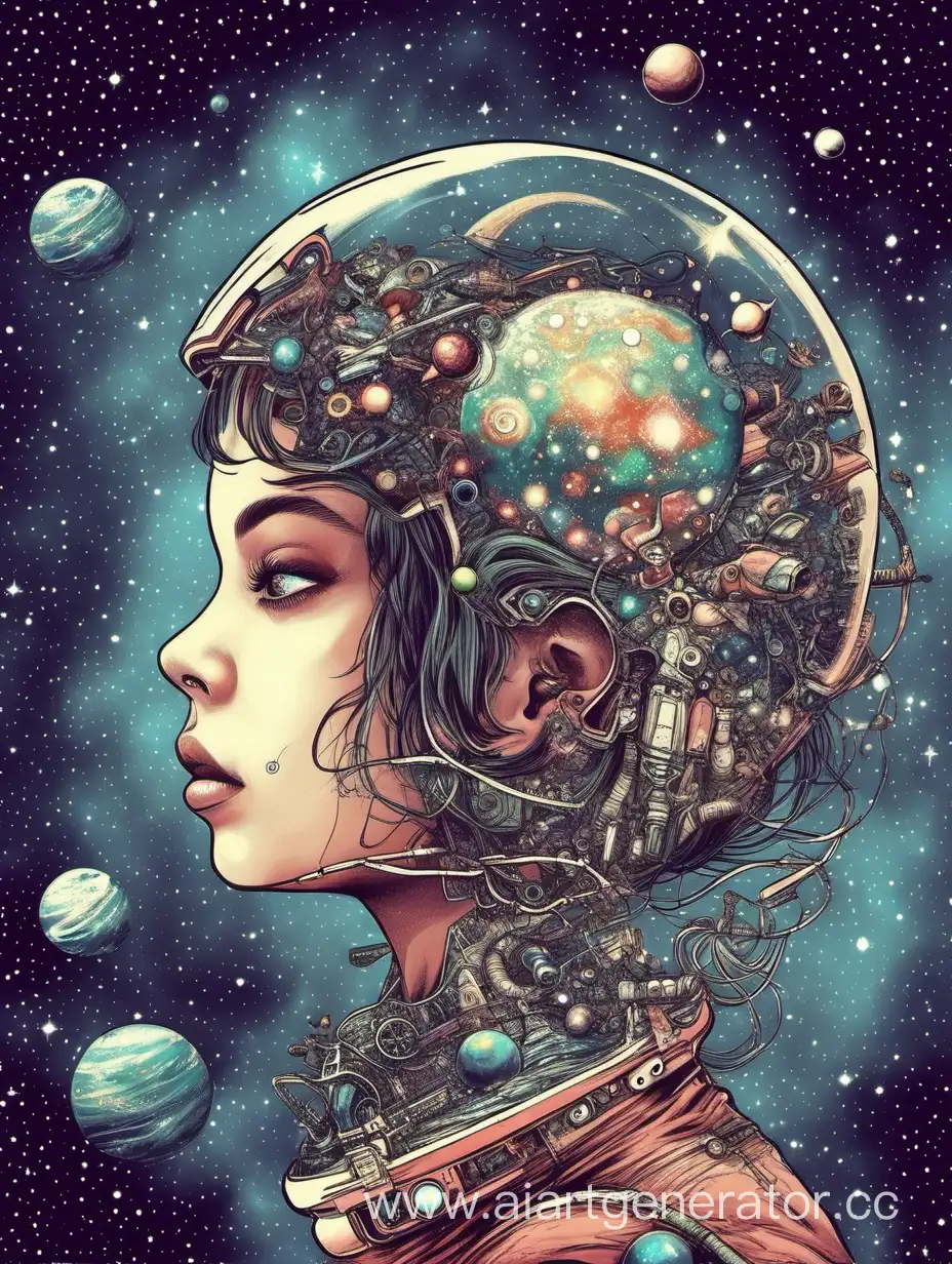 девушка, космос в голове, воображение, вдохновение