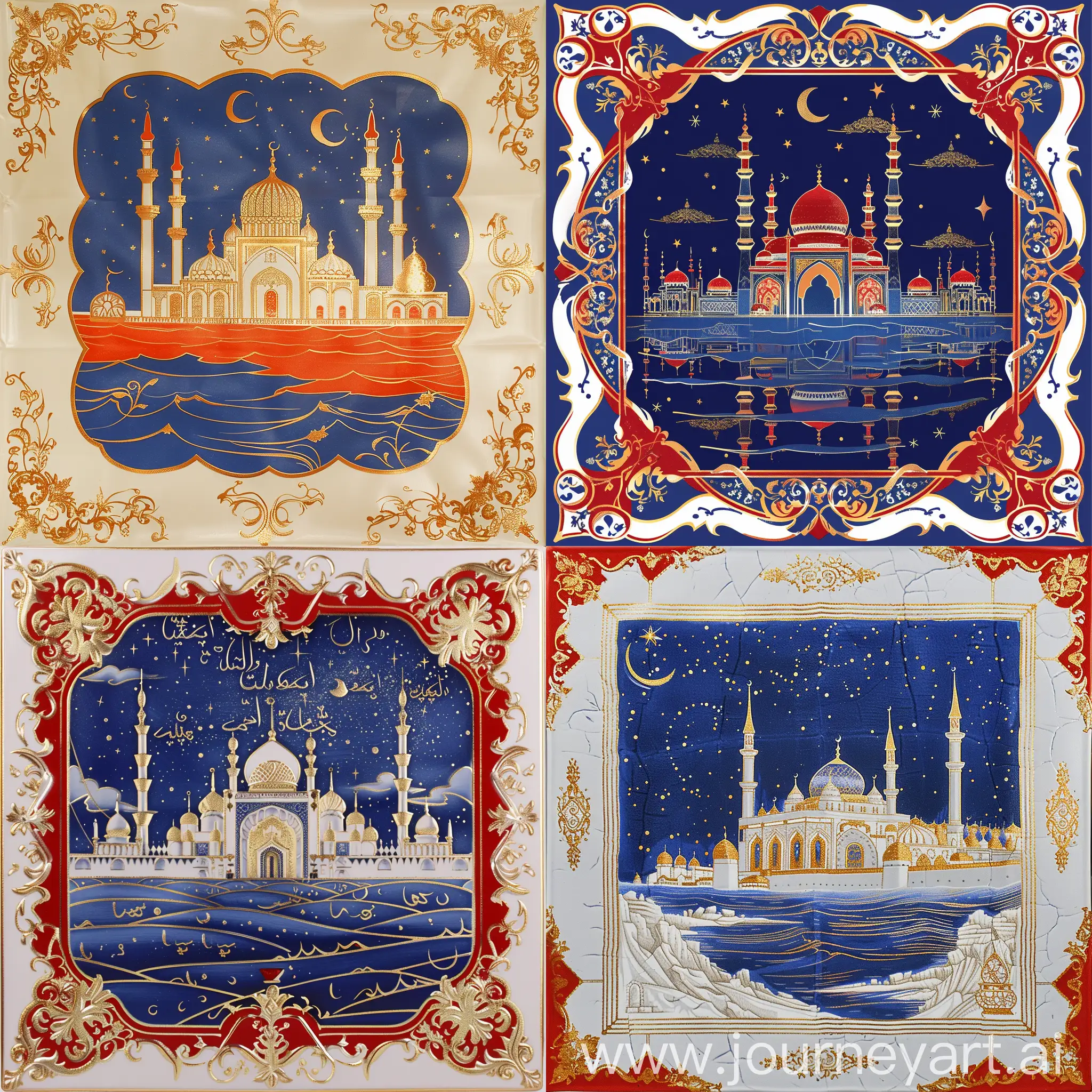 a lusterware having red blue islamic style iznik and arabesque decorated ornaments on white border, depicting a fantasy grand persian mosque beyond sea under night sky, golden outlines
