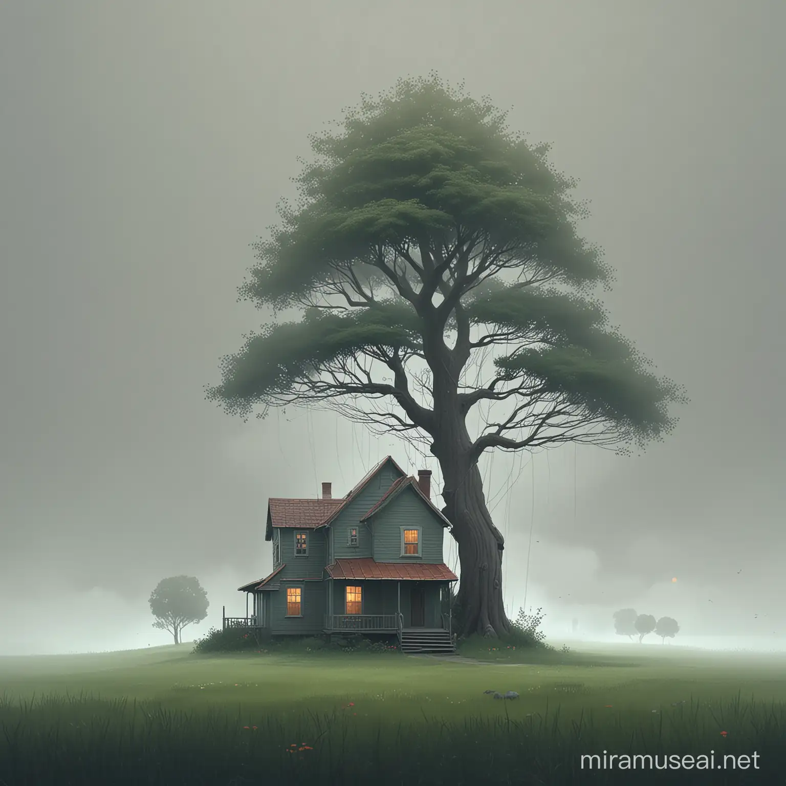 A house with the shape of a tree, concept art in the style of Goro Fujita and Oliver Jeffers, minimal background, foggy, weird, calm mood, simple. --ar 103:128