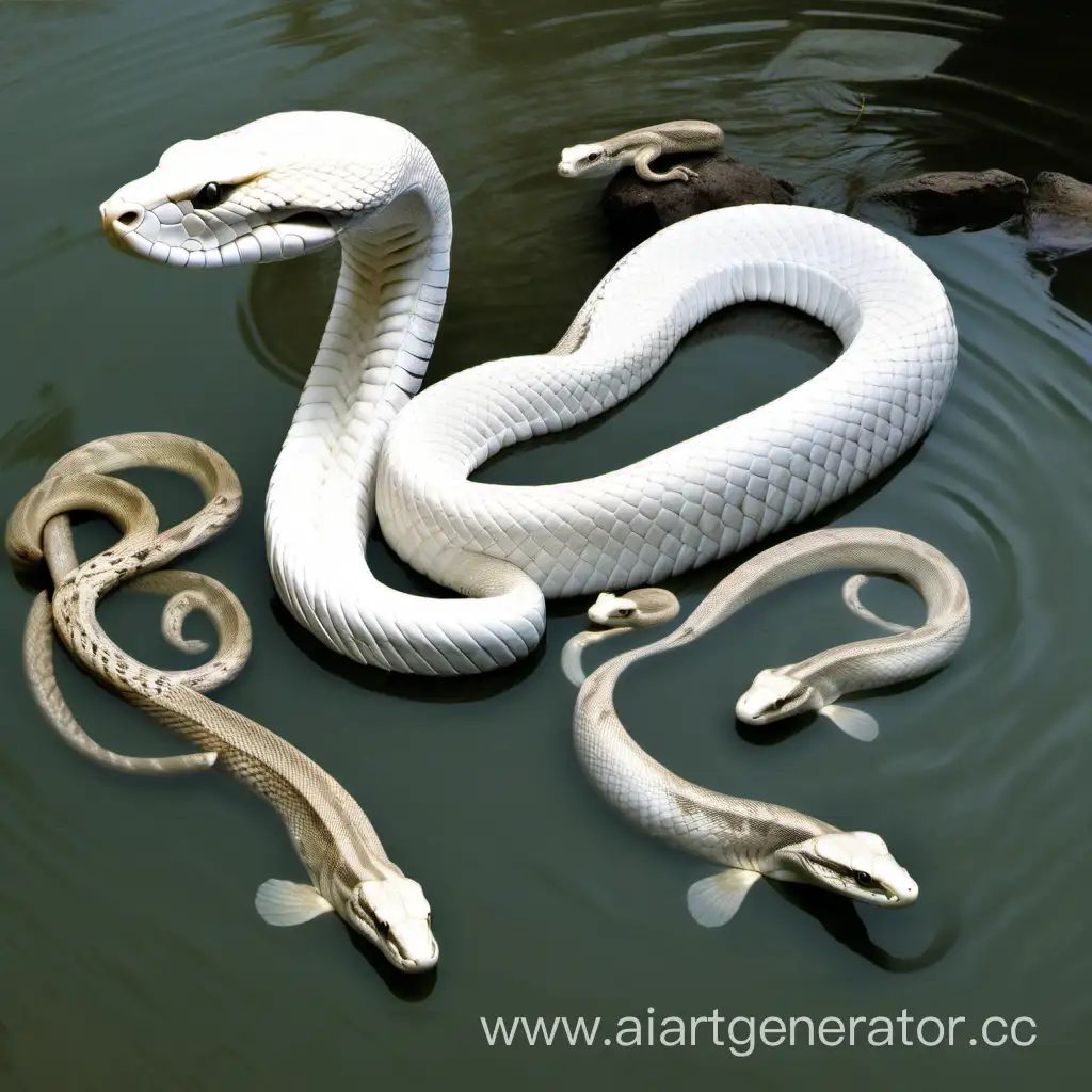 белая кобра и ее дети, в воде,