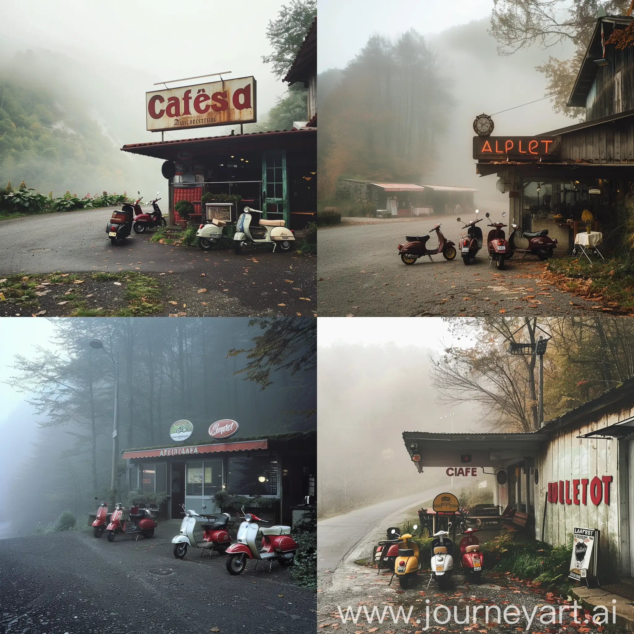 Charming-Roadside-Cafe-in-a-Misty-Scene-with-Vintage-Lambretta-Scooters