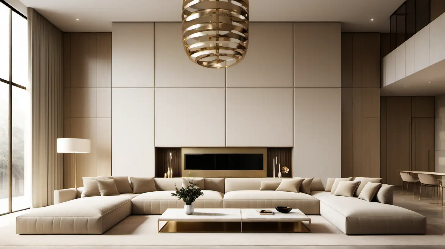 grand Minimalist lounge room; double height ceilings; beige, oak, brass colur palette; 

