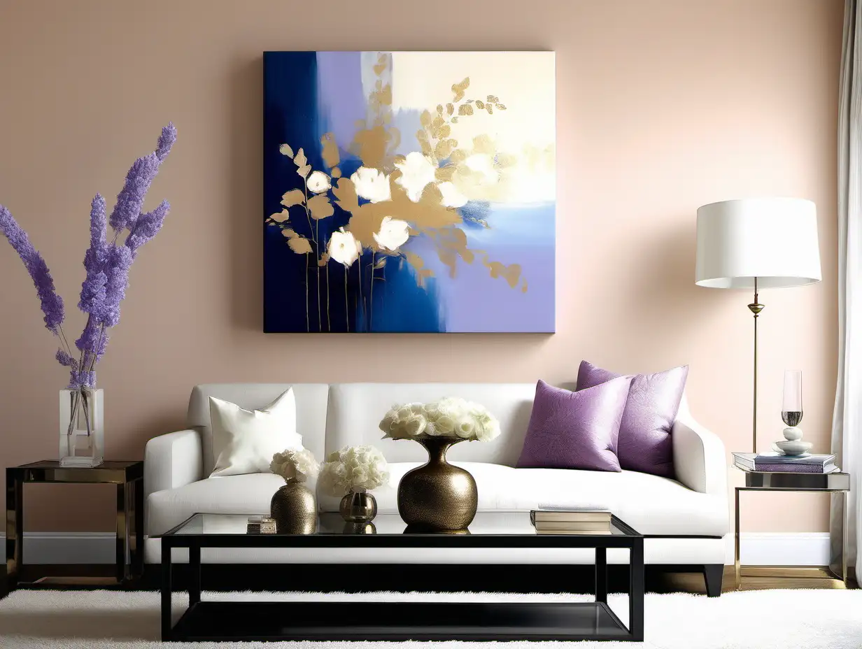 Place the "Tranquil Serenity - A" painting within a home environment, adjusting its scale while maintaining its proportions. This artwork, alive with azure, navy, and sky blue, touched by peach, lavender, and ivory, brings an abstract vision of a blooming garden. Frame it in gold to accentuate its timeless elegance. Set this canvas in a minimalist, well-lit living space that exemplifies a modern and simplistic ambiance, allowing the painting to infuse the area with its calm and creative spirit (home setting reading room)