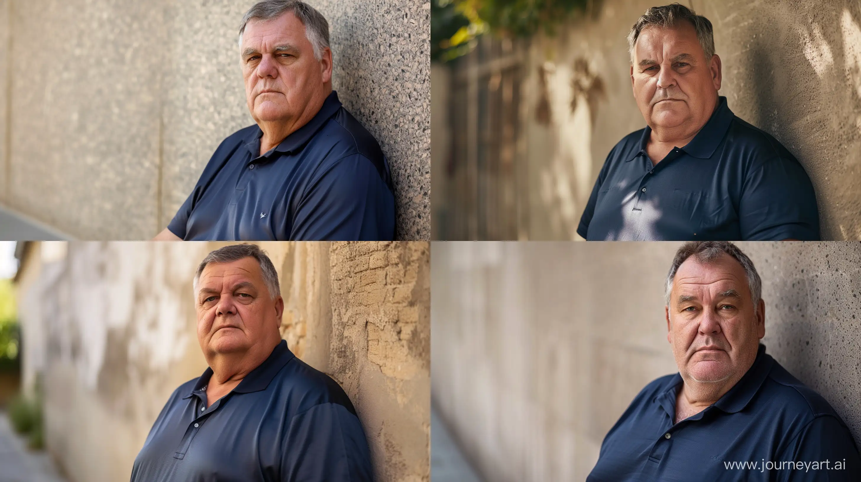 Extreme close-up photo of an overweight man aged 60 wearing a silk navy polo shirt. Against a wall. Outside. --style raw --ar 16:9