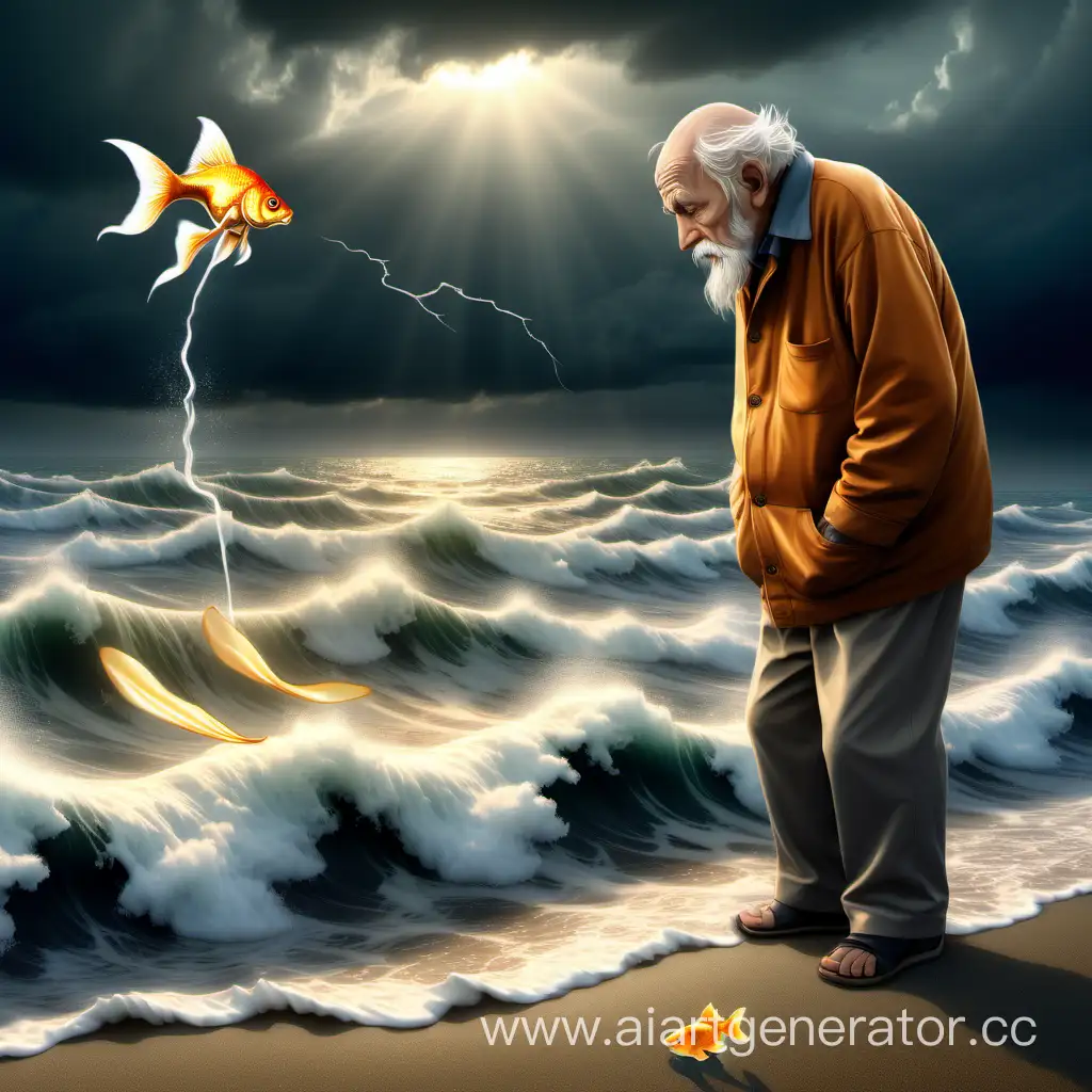 иллюстрация бедный старик стоит на берегу, смотрит и поклоняется одной небольшой золотой рыбке, которая смотрит на него и находится напротив него на поверхности волны в море, на фоне изображения пустое море, шторм, на изображении не больше одной золотой рыбки